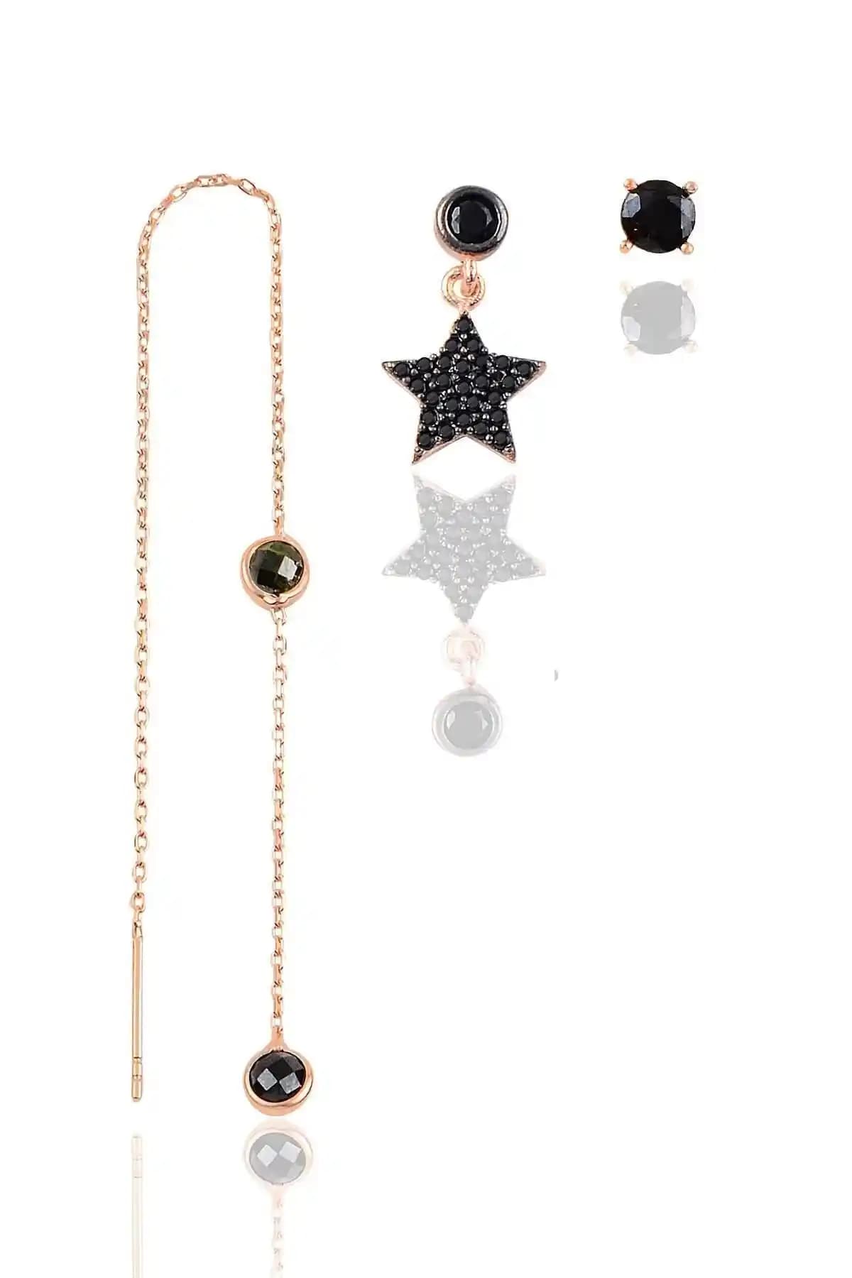 Söğütlü Silver Gümsü Rose Onix Taşlı Yıldız Üçlü Küpe Seti Modern ve Zarif Tasarım