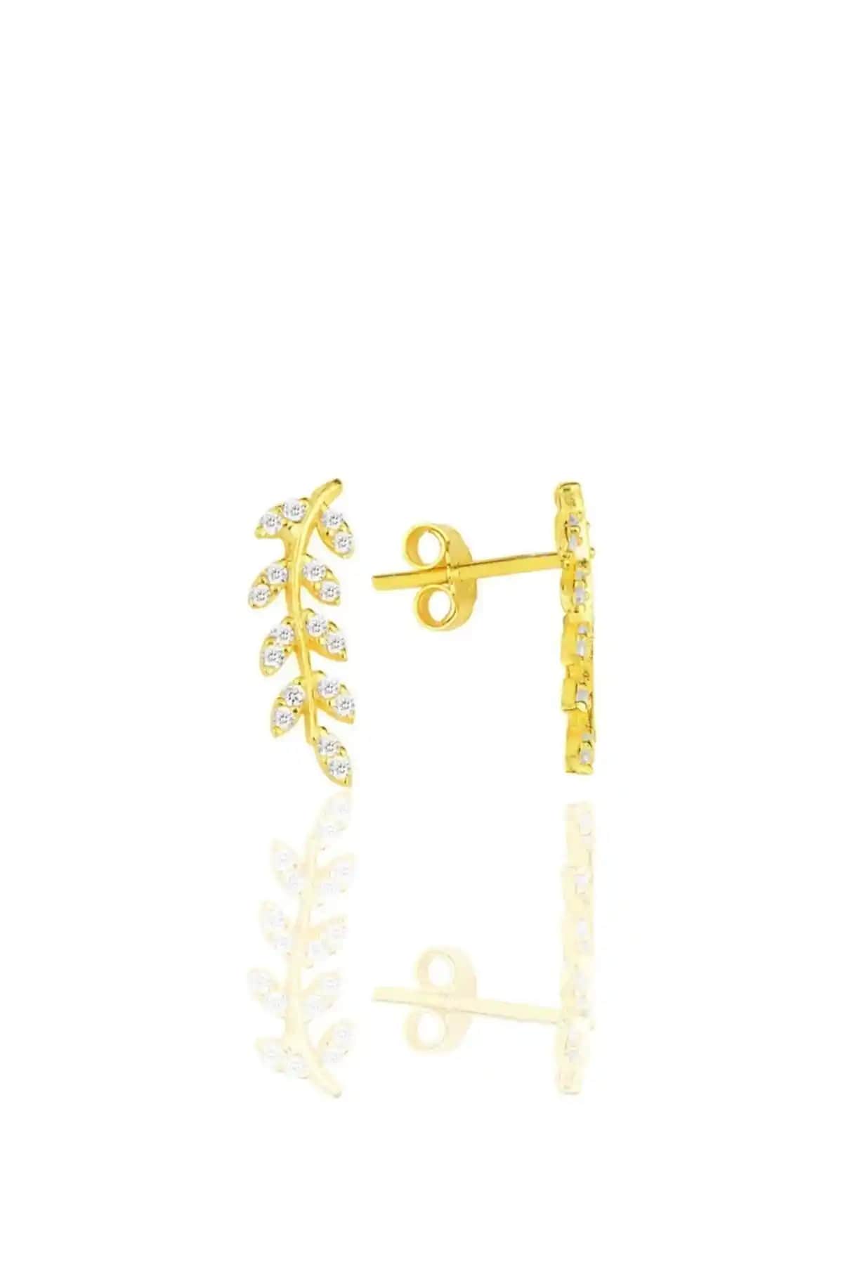 Söğütlü Silver Gümüş Altın Yalızlı Zirkon Yaprak Küpe Modern ve Şık Tasarım