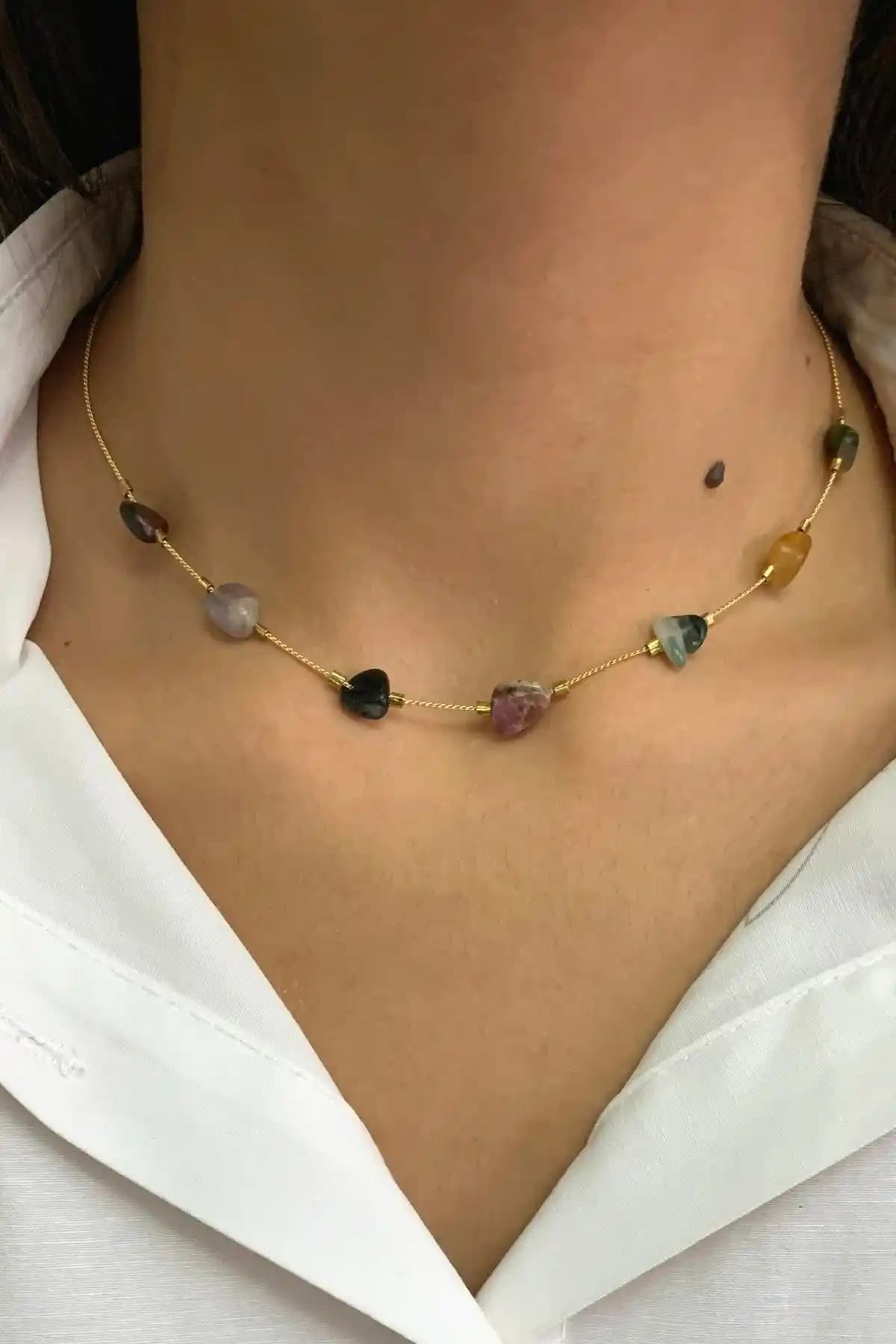 Suerte Accessories Tımbıl Ametist ve Turmalin Doğal Taşlı El Yapımı Altın Kaplama Kolye