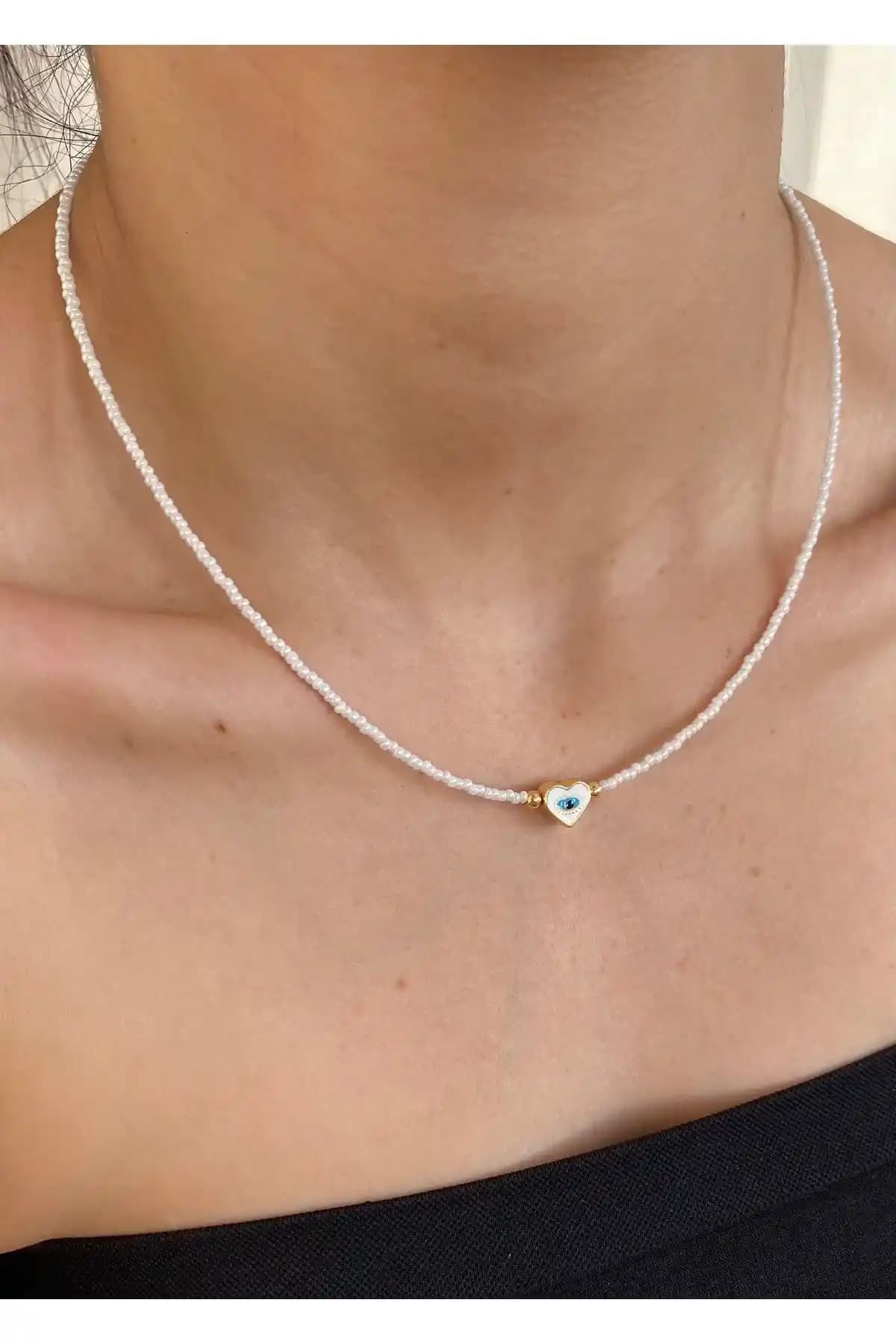 Takıtarzım Kadın Kalp Göz Figürlü Boncuk Kolye Zarif ve Romantik Tasarım