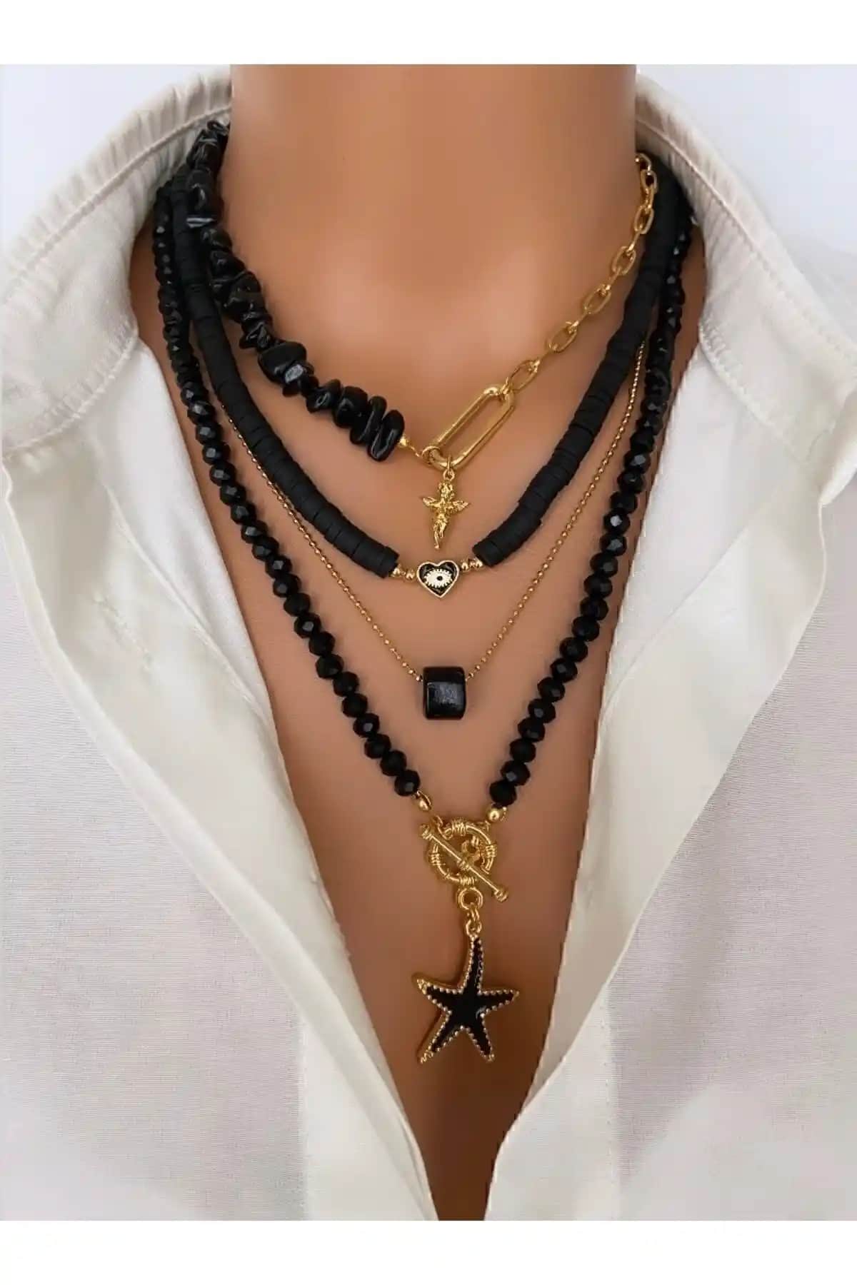 Trend Jewellery Siyah Doğaltaş Çoklu Kolye Kadınlar İçin Şık ve Dayanıklı Takı Seçeneği