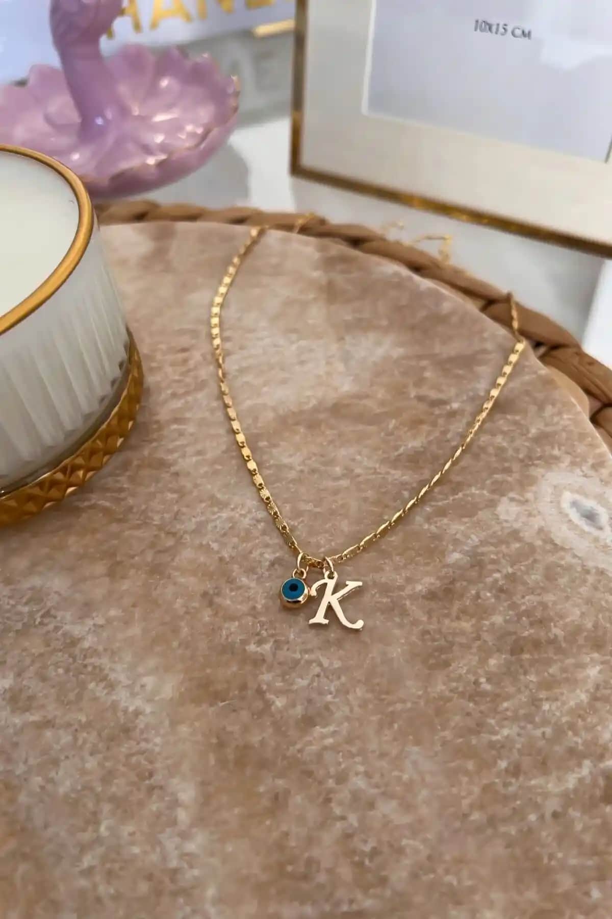 Trendy Butik Altın Kaplama Kişiye Özel Nazar ve K Harfi Uçlu Kolye