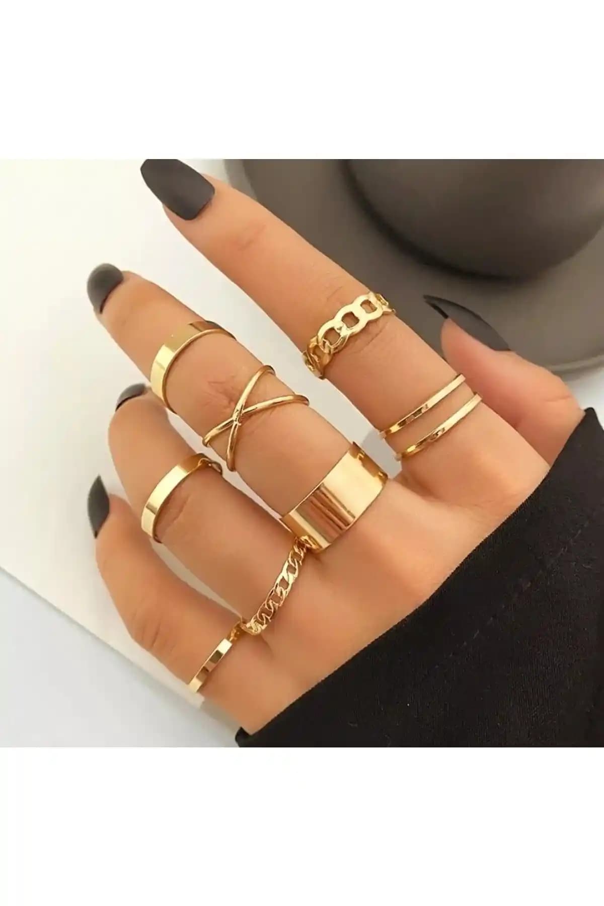 X-Lady Accessories Altın Renk Kadın Gold 10'lu Yüzük Seti Şıklık ve Zarafet İçin Uygun