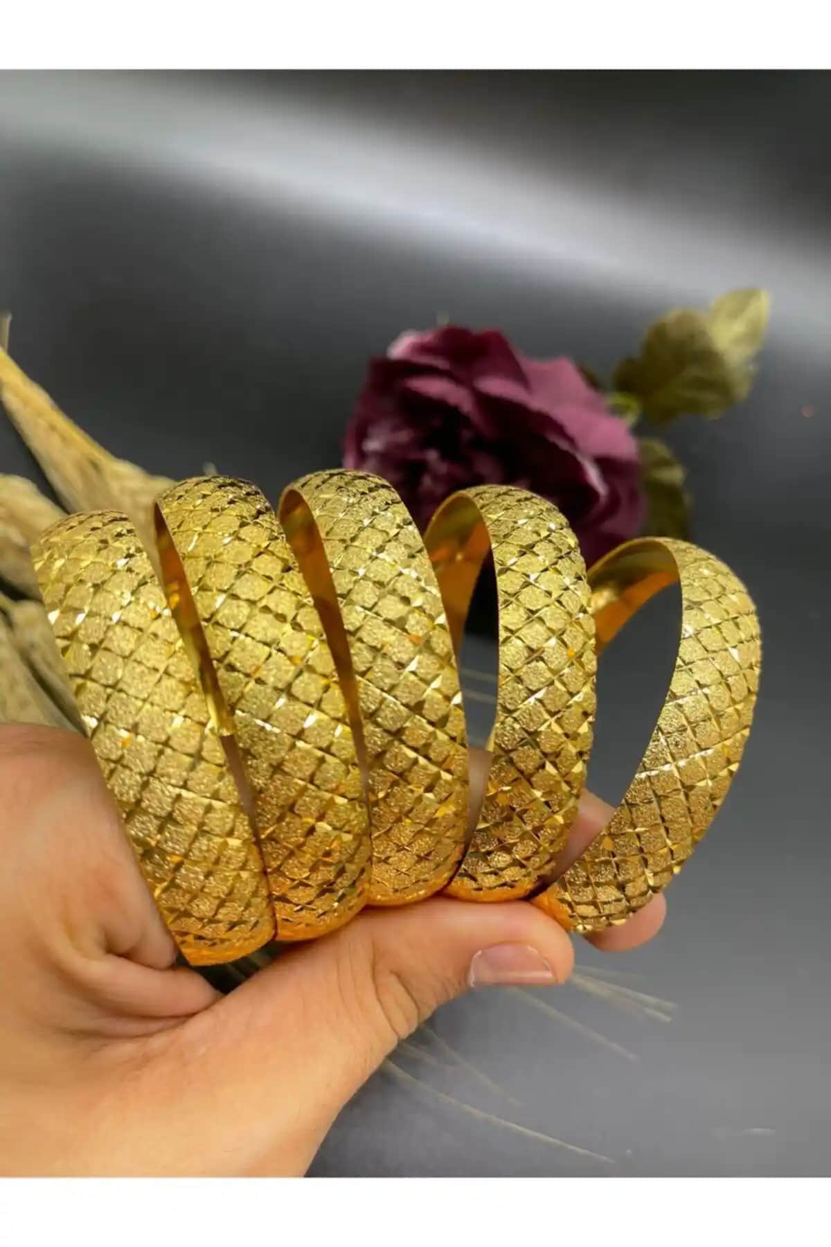 Yılz Gold 22 Ayar Altın Kaplama Baklava Desenli 5'li Bilezik Seti
