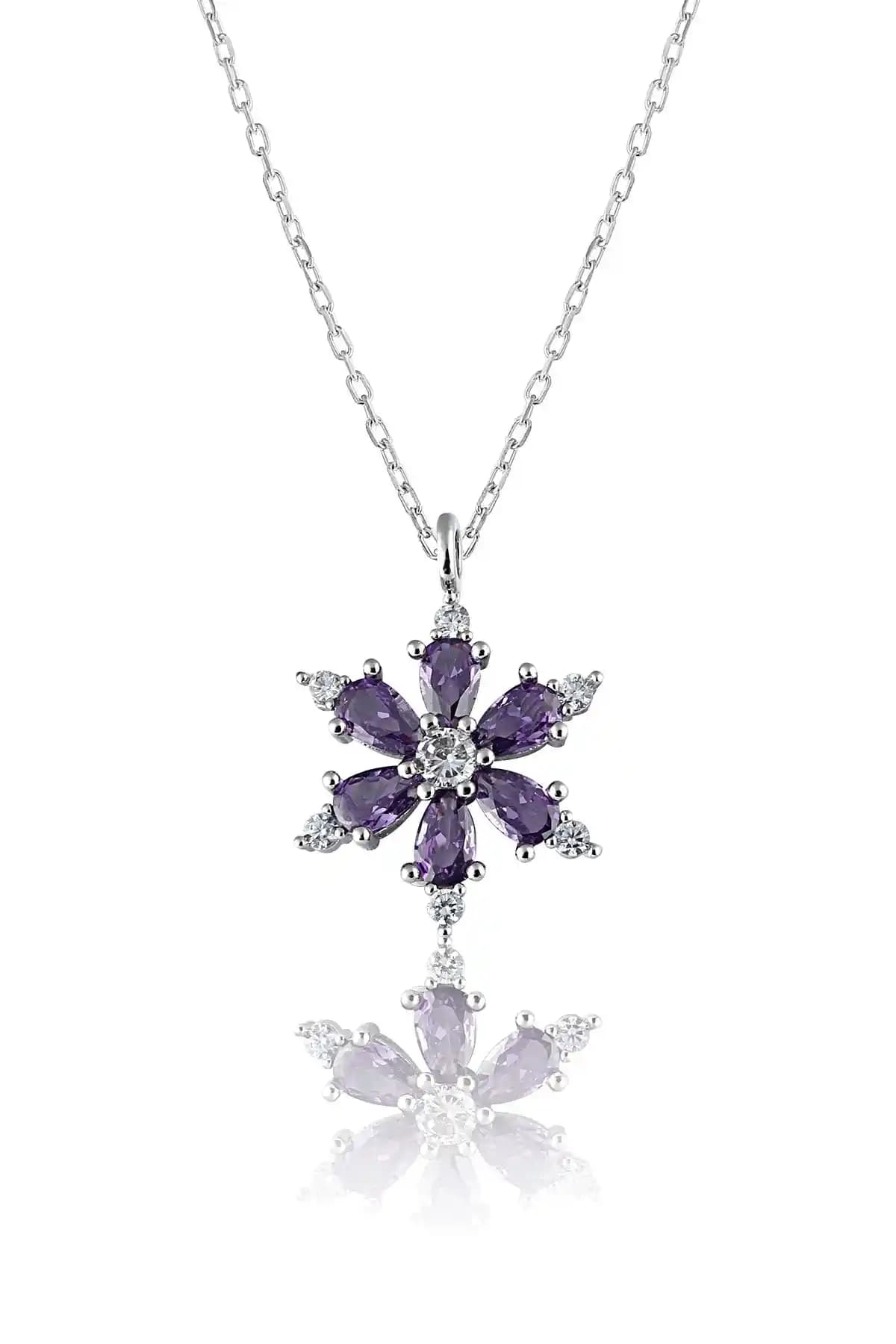 Zanaatsilver 925 Ayar Gümüş Ametist Taşlı Lotus Motifli Rodyum Kaplama Kolye