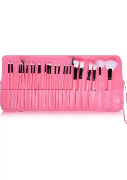 MUJGAN Profesyonel Deri Çantalı 24'lü Makyaj Fırça Seti Pembe Renkli Güçlü ve Şık Tasarım