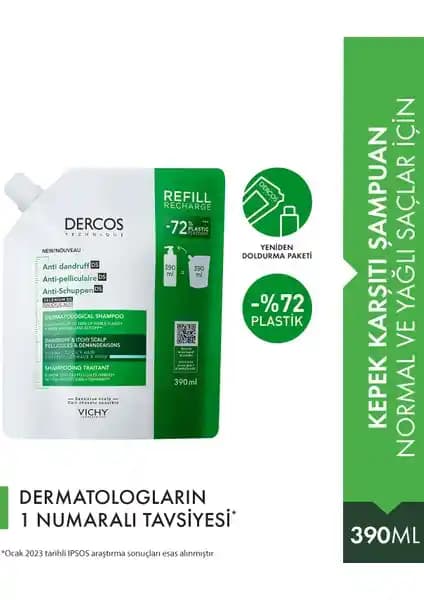 Vichy Dercos Yağlı ve Normal Saçlar İçin Güçlendirici Şampuan 390 ml yeniden dolum paketi