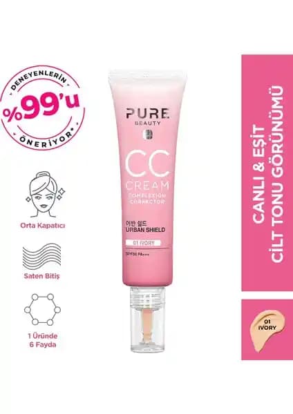 Pure Beauty SPF 50 PA+++ Ivory CC Krem: Güneş Koruma ve Cilt İyileştirme