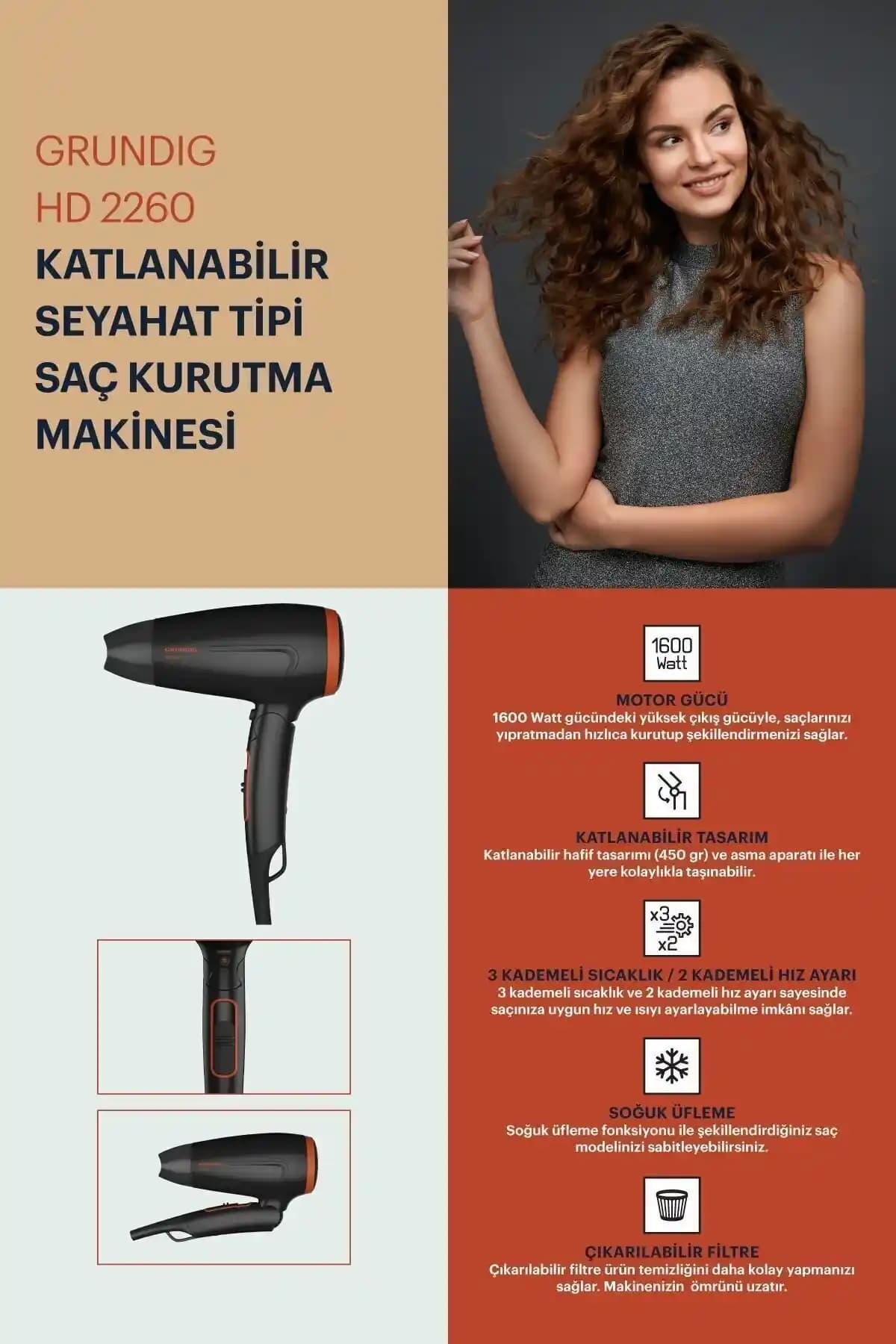 Grundig HD-2260 1600 W Saç Kurutma ve Fön Makinesi: Güçlü ve Ergonomik Tasarım