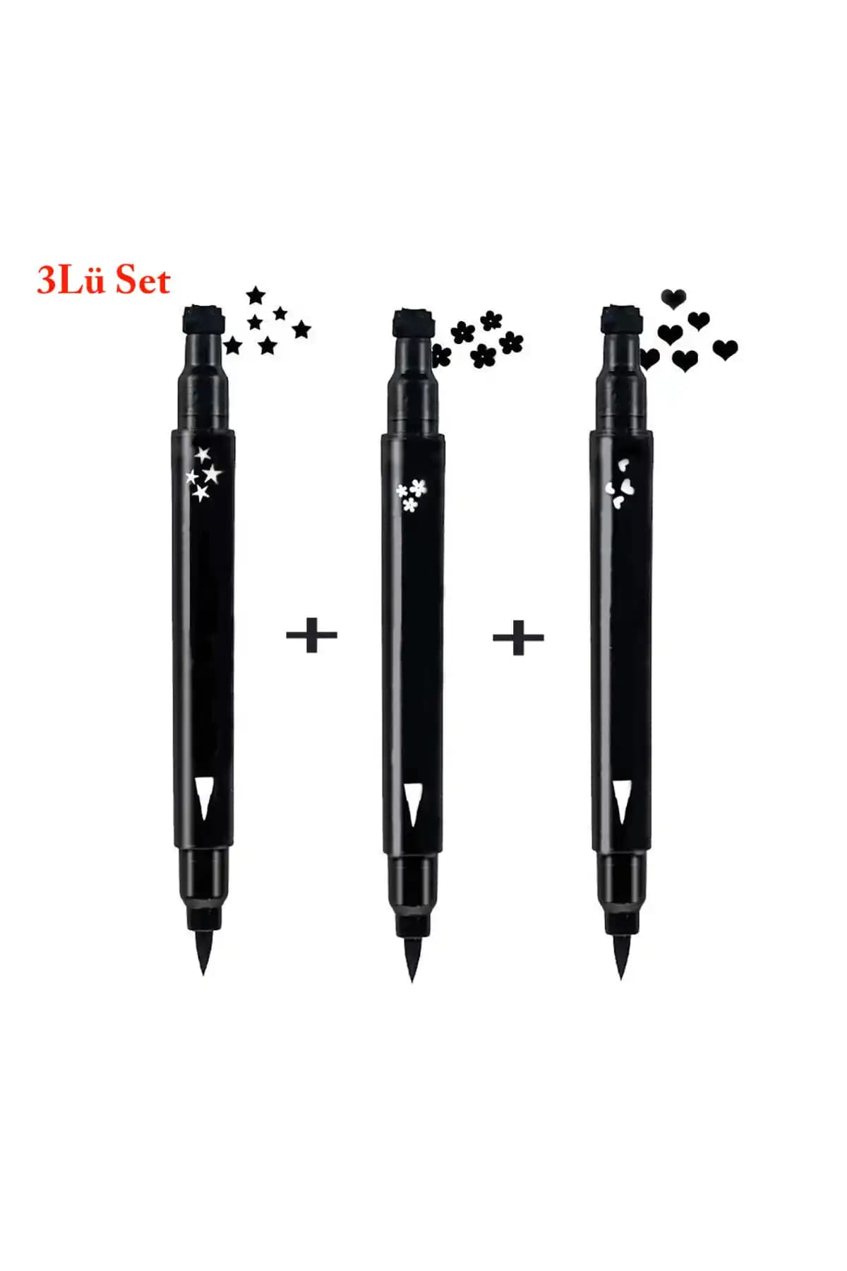 Cosmetichane Çift Uçlu Eyeliner 3'lü Set: Yıldız, Kalp ve Papatya Desenli Mat Siyah