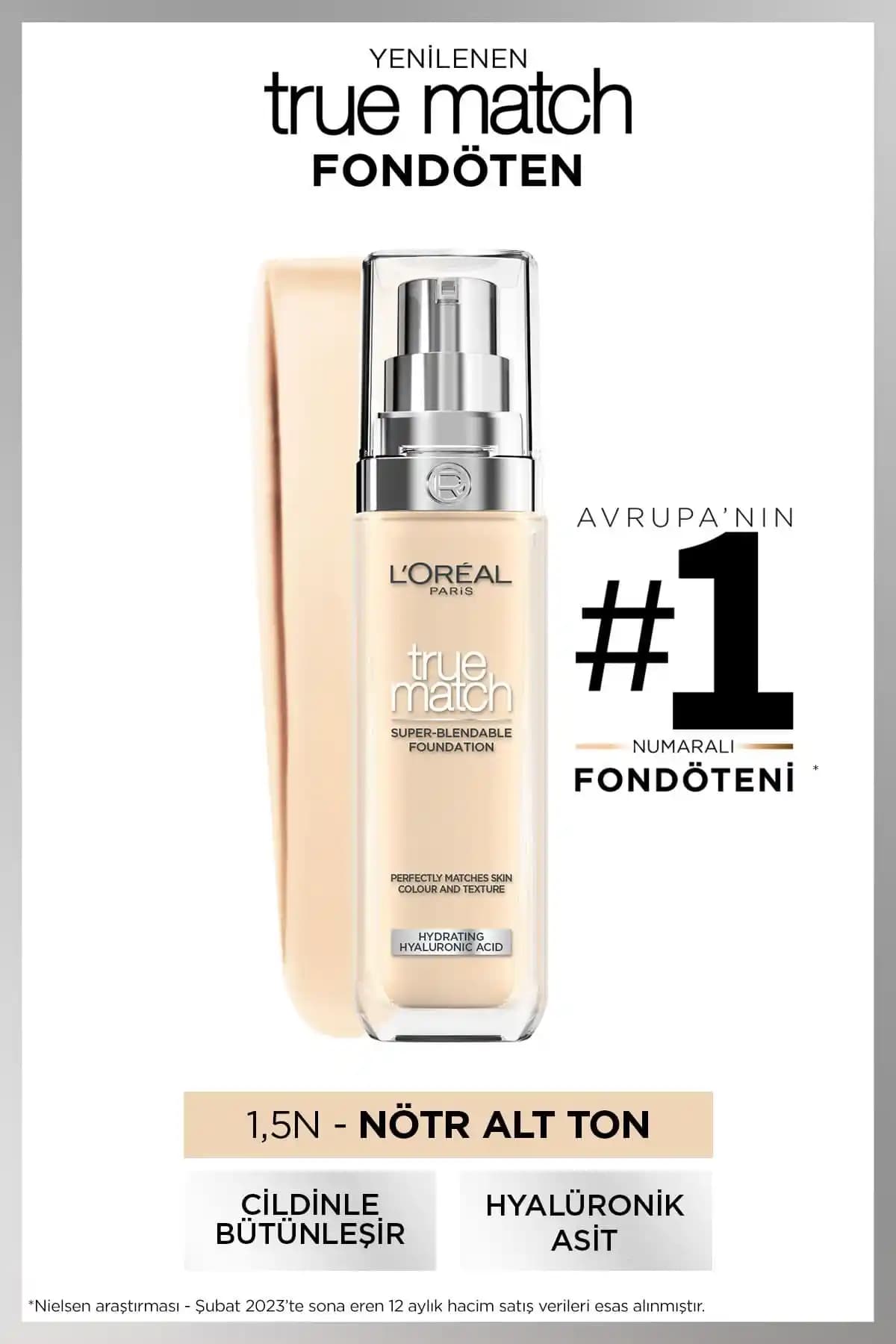 L'Oreal Paris True Match 1.5N Nötr Alt Ton Fondöten ile Doğal ve Nemlendirici Makyaj