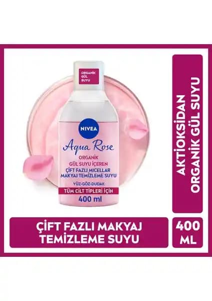 Nivea Aqua Rose Gül Suyu İçeren Çift Fazlı Makyaj Temizleme Suyu 400 ml ile Derinlemesine Temizlik