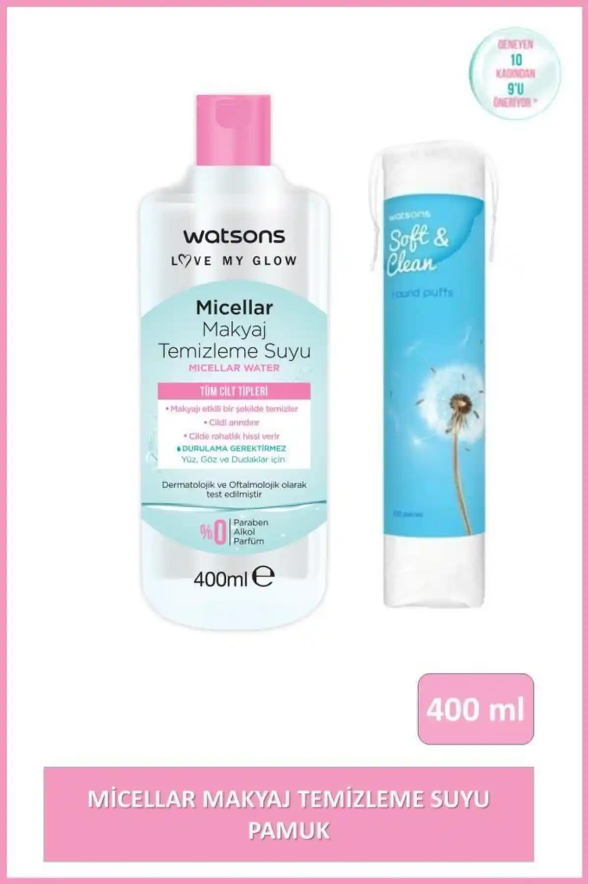 Watsons Micellar Makyaj Temizleme Suyu 400 ml ve 100 Adet Yuvarlak Makyaj Pamuğu