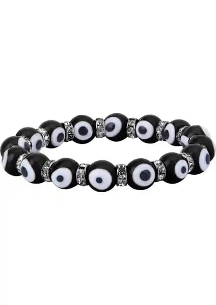 Coşar Silver Siyah Renk Kristal Taşlı Nazar Boncuklu Gümüş Bileklik 10 mm