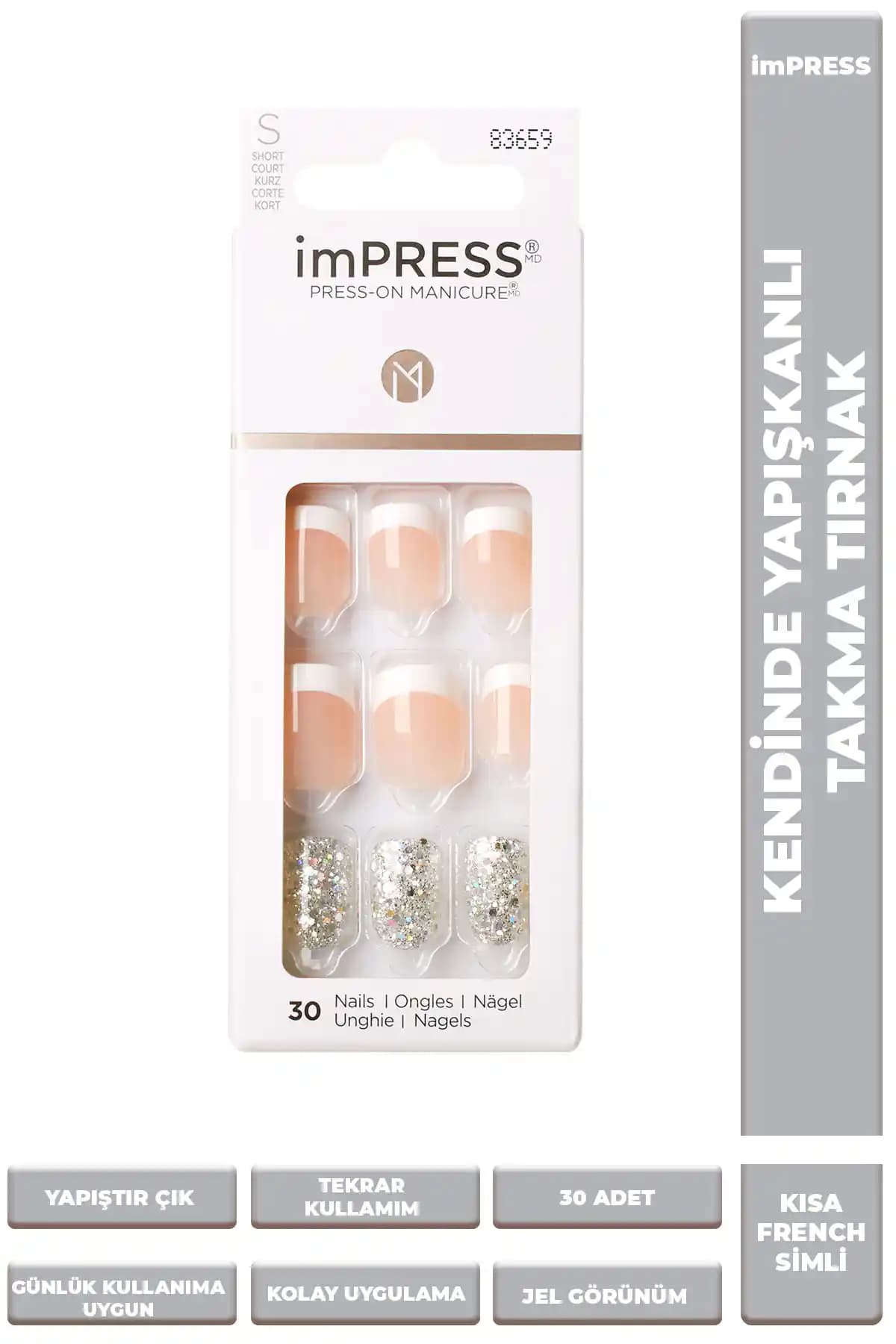 Impress Kendinden Yapışkanlı Kısa French Simli Tırnaklar Estetik ve Pratik Kullanım İçin