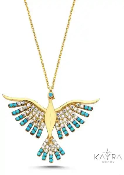 Kayra Mücevher Mavi Taşlı Anka Kuşu Altın Kaplama Kolye Güç ve Zarafetin Simgesi
