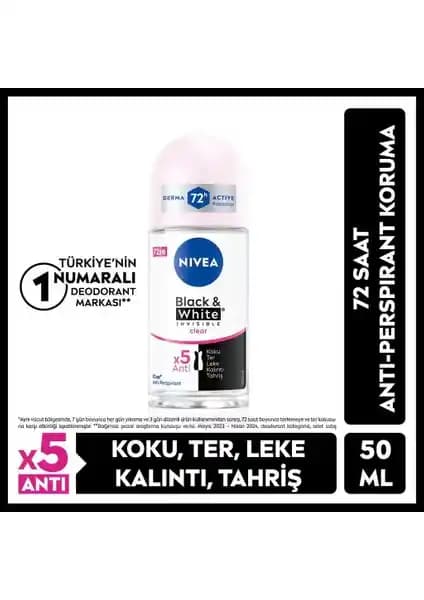 Nivea Kadın Roll-on Deodorant Black&White Invisible Clear 50ml Güçlü Koruma ve Ferah Koku
