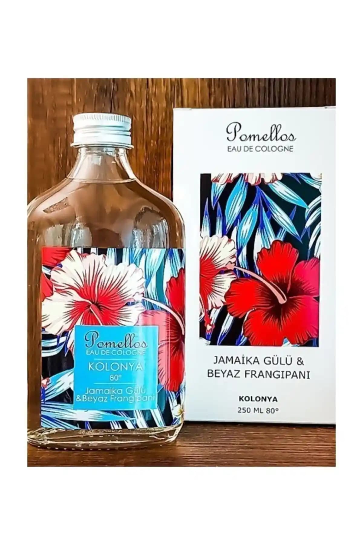 Pomellos Jamaika Gülü ve Beyaz Frangipani Kolonyası 250 ml şık cam şişede ferah ve kalıcı koku