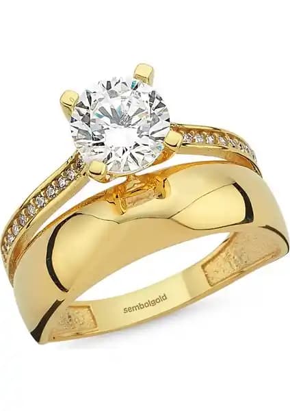 Sembol Gold Tektaş Alyans Altın Yüzük Twin 2'Si Bir Arada Classic Kaliteli ve Şık Tasarım