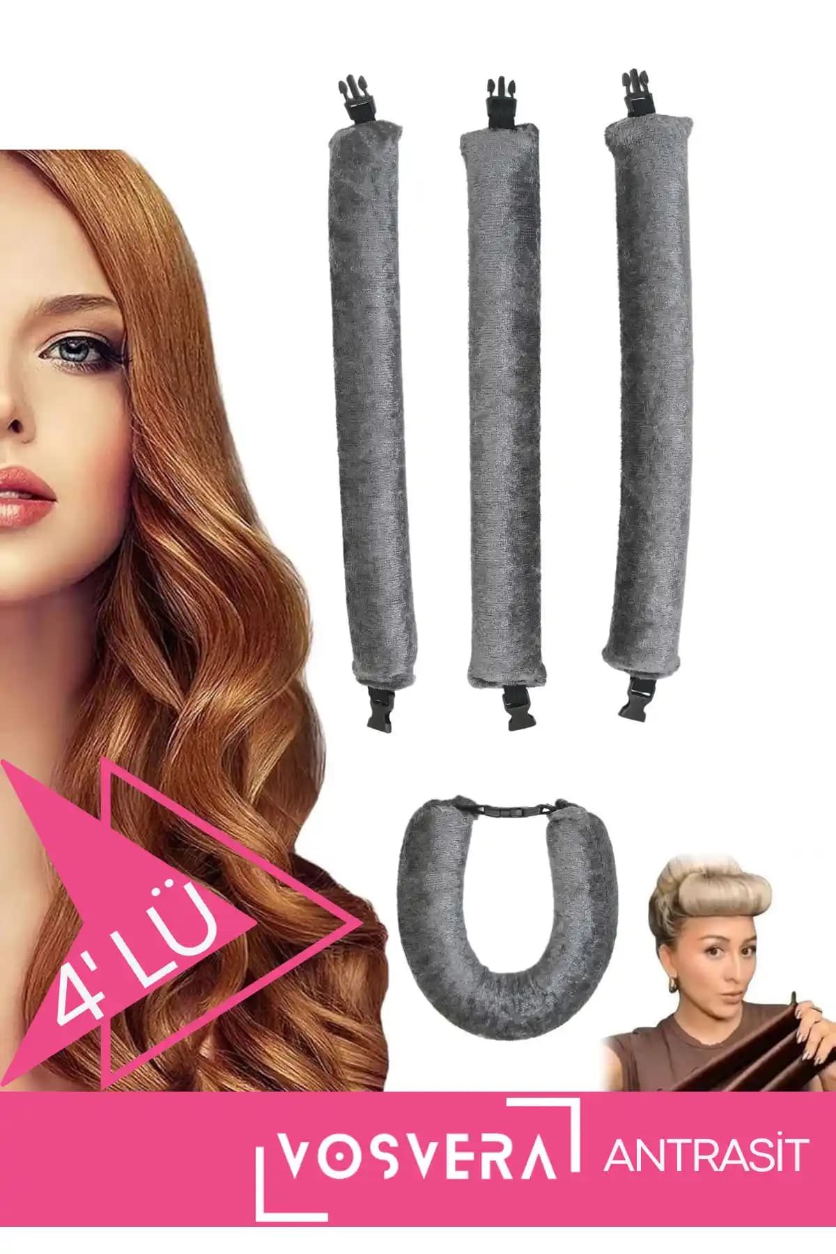 Vosvera 4'lü Kadife Saç Şekillendirici Bigudi Isısız ve Pratik Kullanım İçin Modern Tasarım