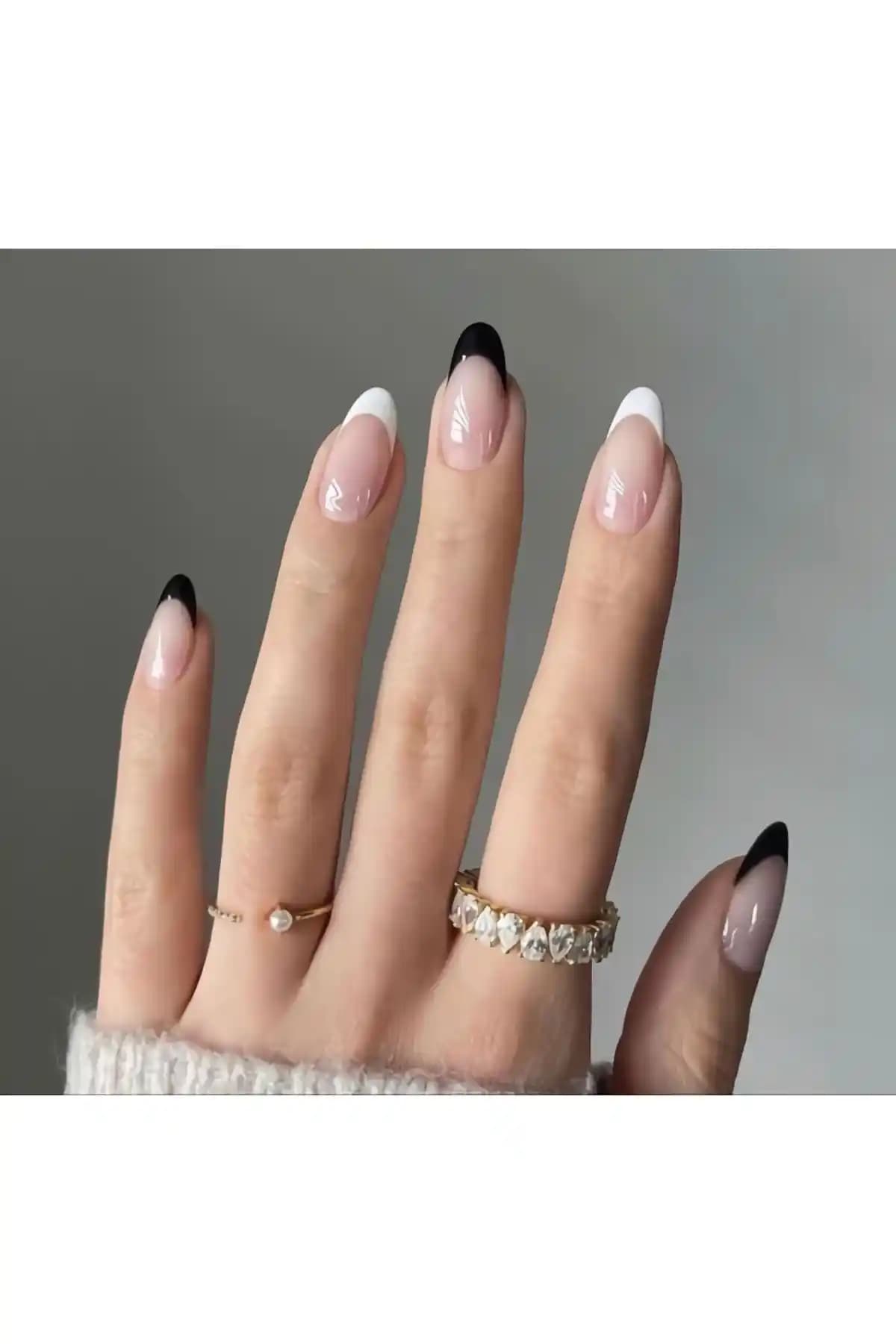 ZERDÜNYA Siyah Beyaz French Takma Tırnak Seti 20'li Çeşitli Beden ve Desenler