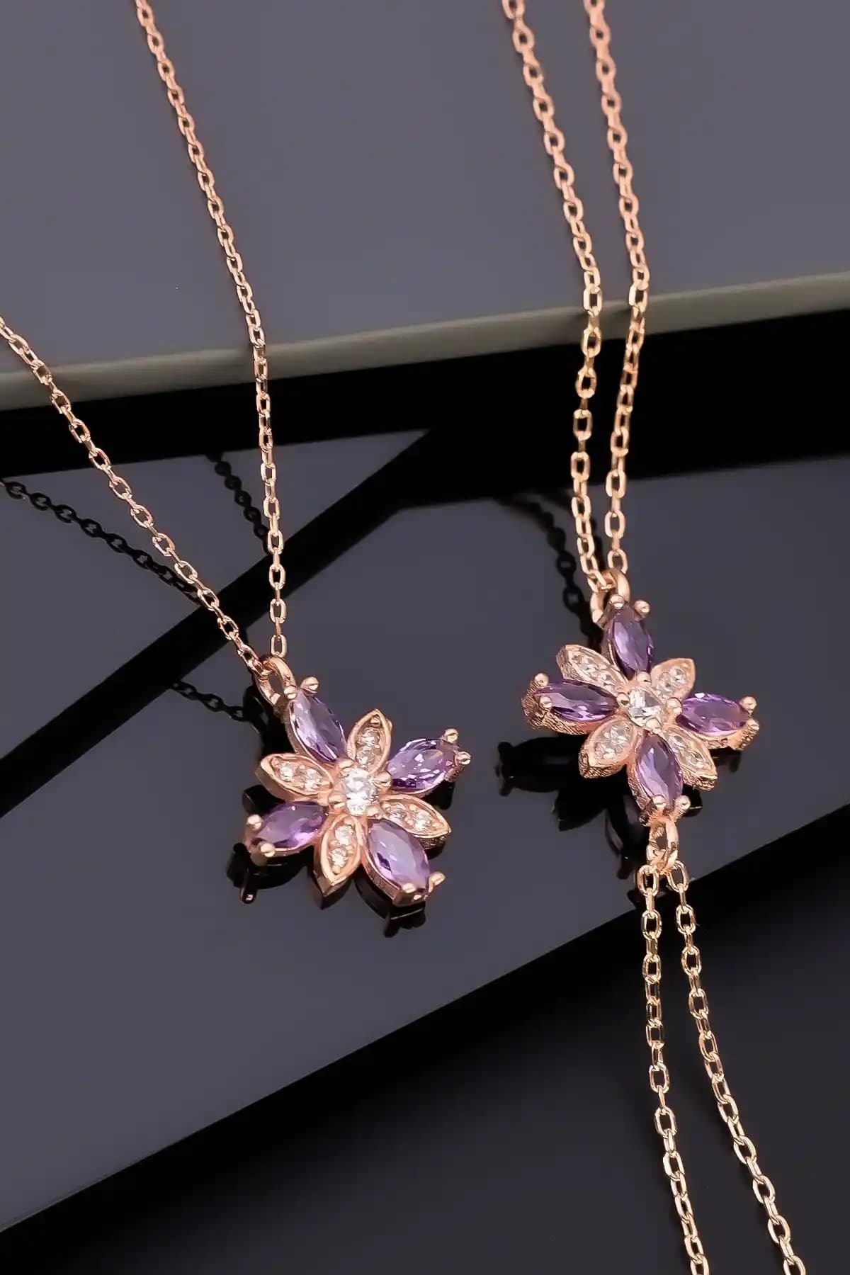 925 Ayar Gümüş Ametist Taşlı Umut Çiçeği Kolye Bileklik Seti Şık ve Dayanıklı Tasarım