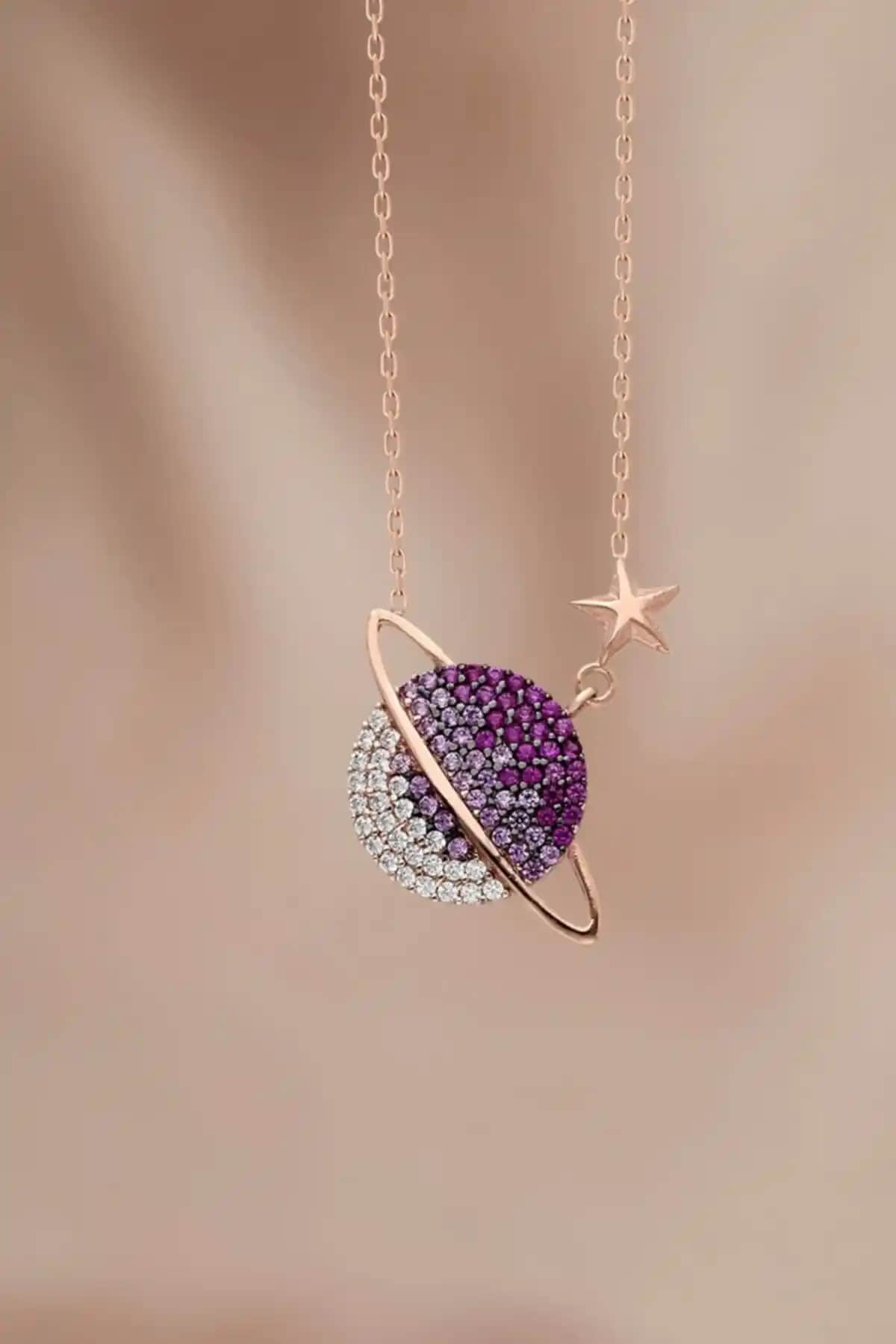 925 Ayar Gümüş Rose Kaplama Kızıl Renk Geçişli Doğal Taşlı Zarif Kolye