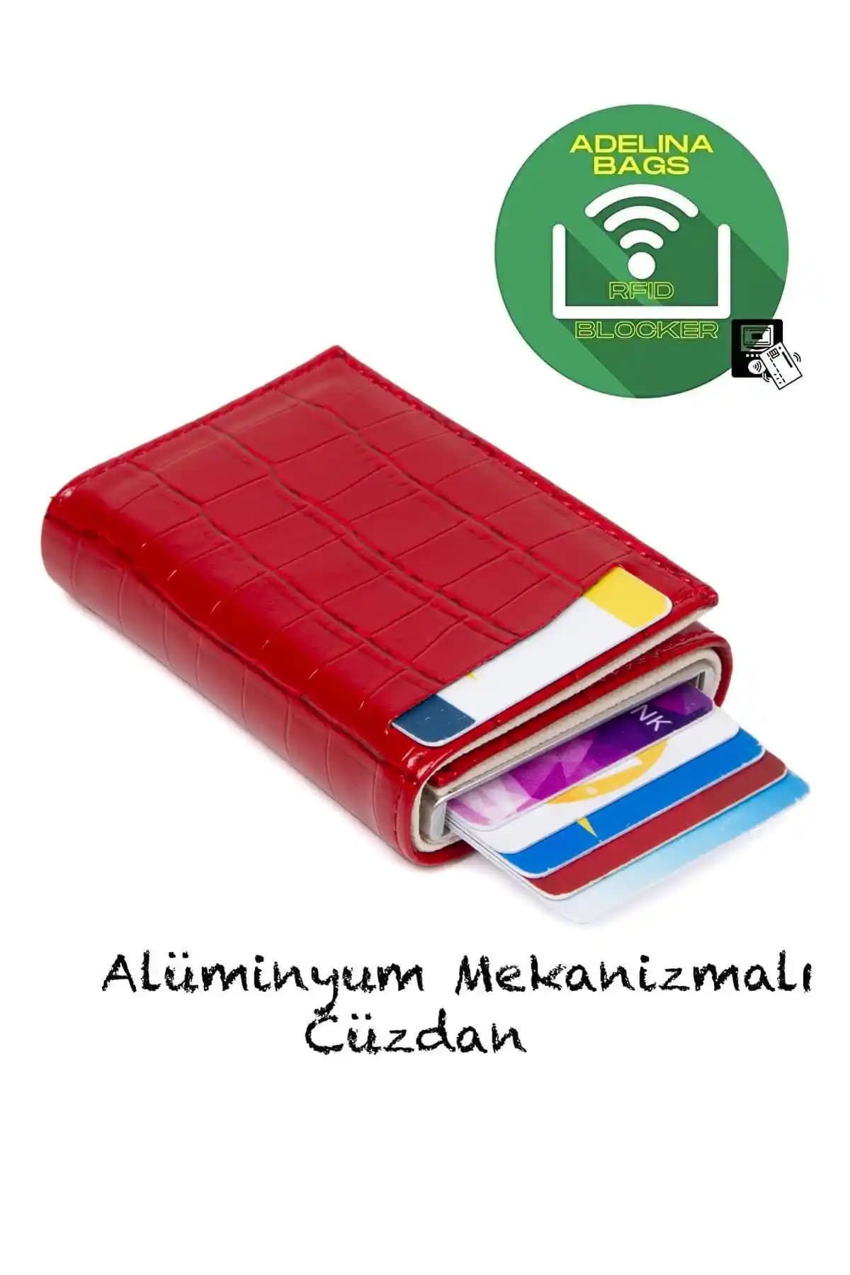 Adelina Kırmızı Timsah Desenli Mekanizmalı Otomatik Kartlık Cüzdan Şıklık ve Güvenlik Sunar