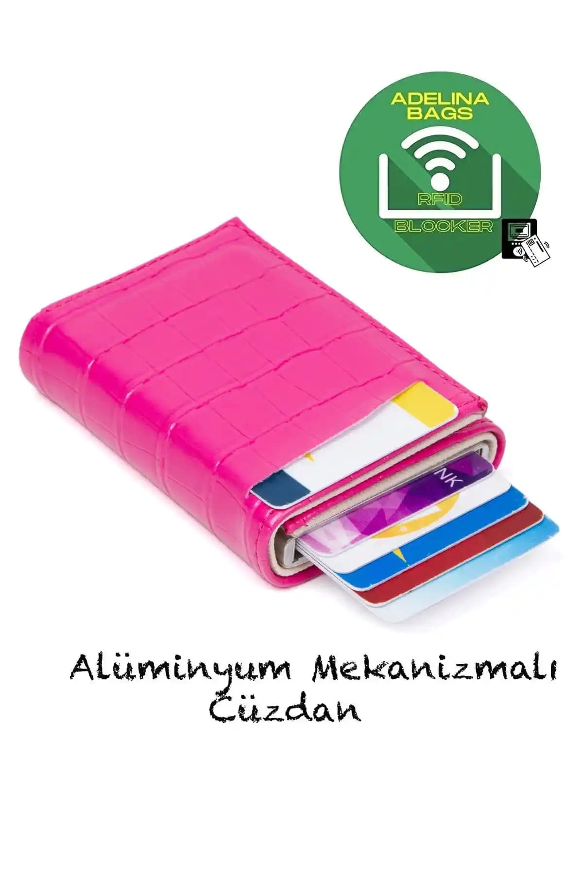 Adelina Timsah Desenli Fuşya Mekanizmalı Kartlık Cüzdanı Günlük ve Şık Kullanım İçin Uygun