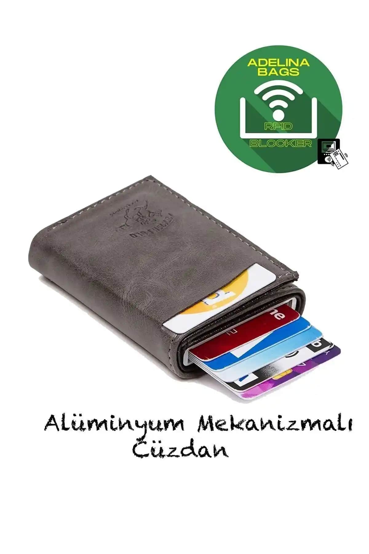Adelina Unisex Gri Crazy Deri Kartlık Cüzdanı Modern Tasarım ve Güvenlik Özellikleriyle