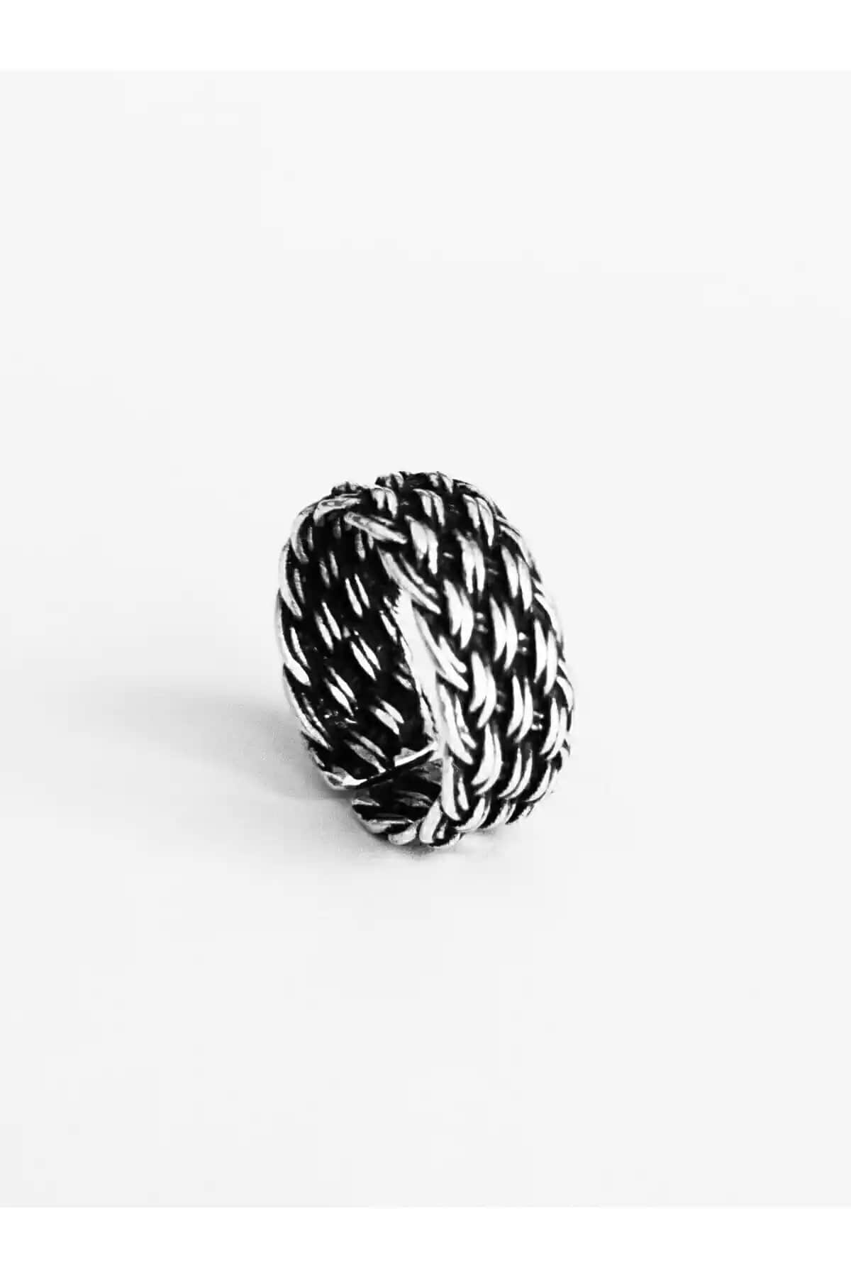 Antique Dolunay El Yapımı Gümüş Kaplama Hasır Örgü Yüzük - Şık ve Otantik Tasarım