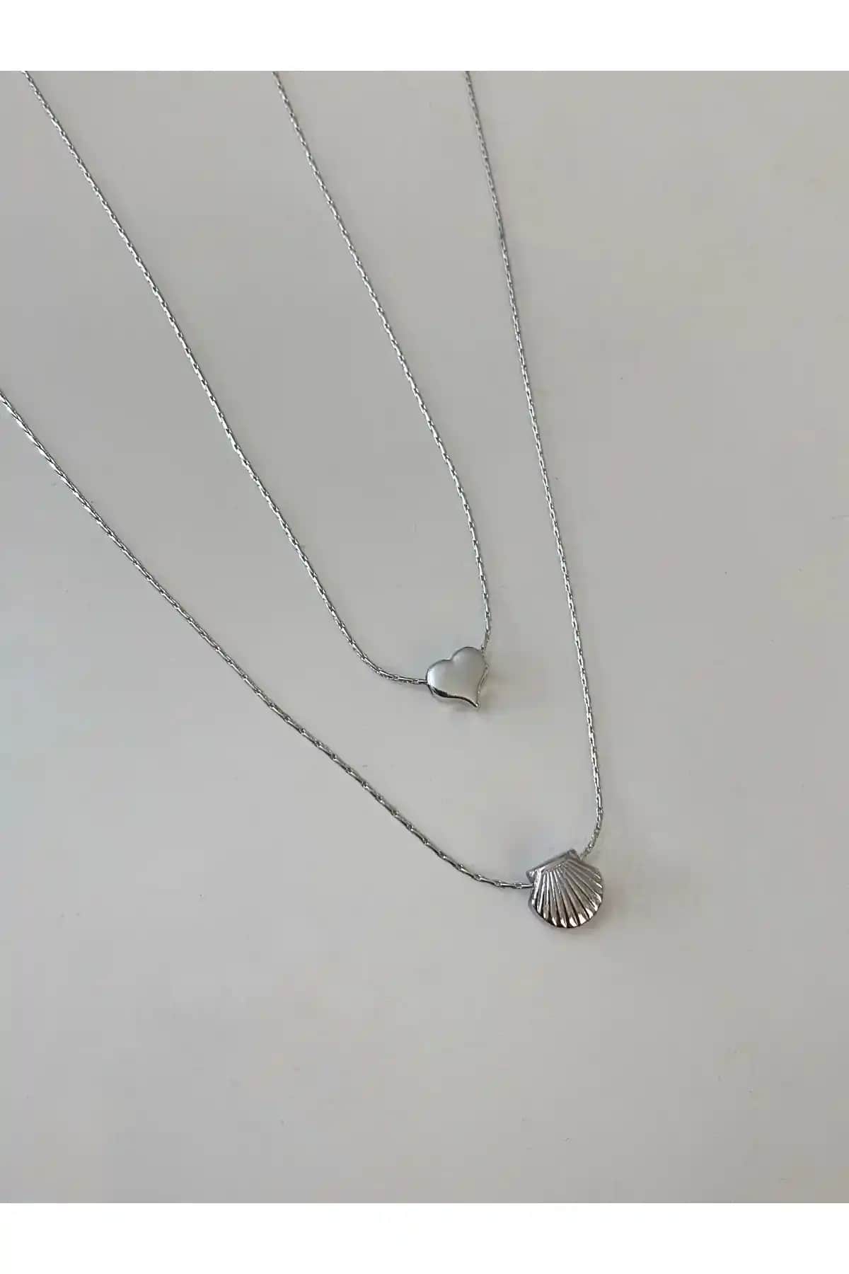 Asia Minimal Kalp ve İstiridye Kolye Seti Gümüş Kaplama Zarif Takı Tasarımı