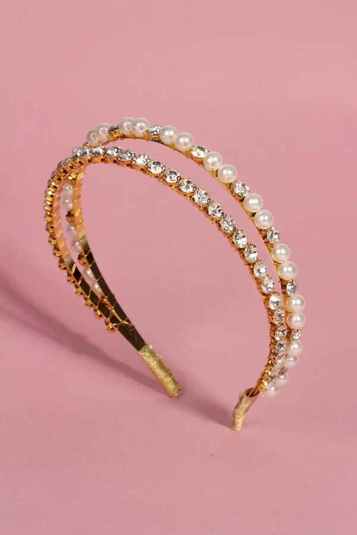 BAHELS Kadın Altın İncili Kristal İkili Taç Şıklık ve Zarafet İçin Tasarlandı