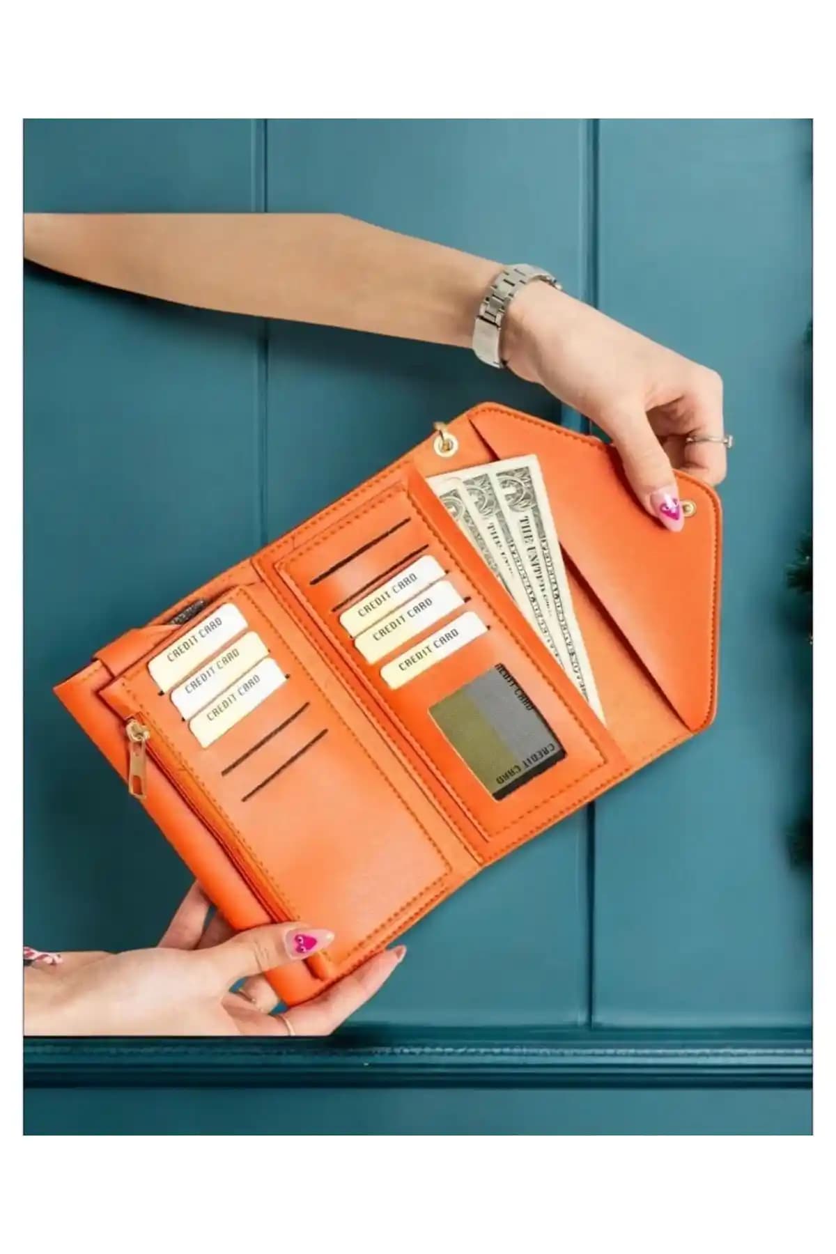 Baykuş Boutique'nin Günlük Kullanıma Uygun Turuncu Suni Deri El Askılı Cüzdanı