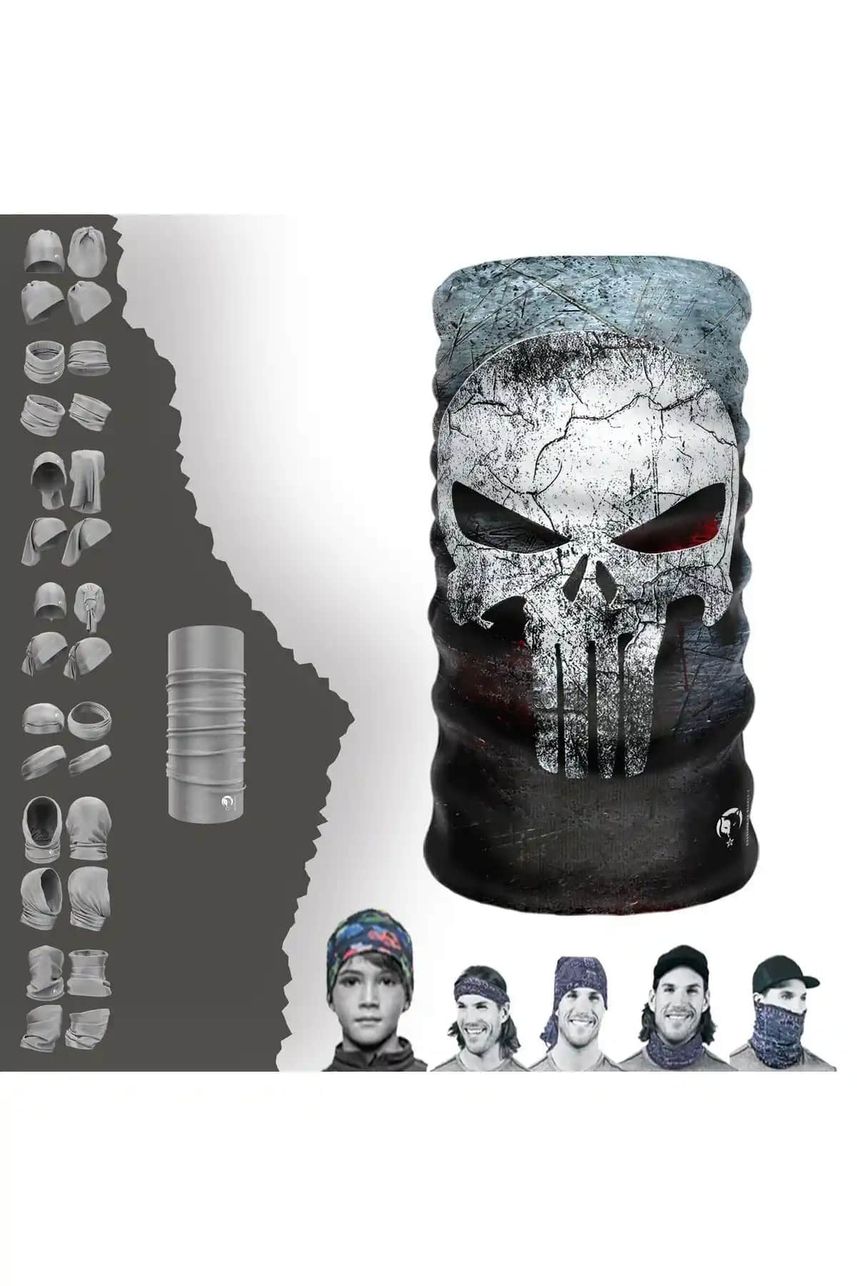 E-Taktik Gri Skull The Punisher Dikişsiz Unisex Tüp Boyunluk Bandana Şık ve Çok Yönlü Kullanım
