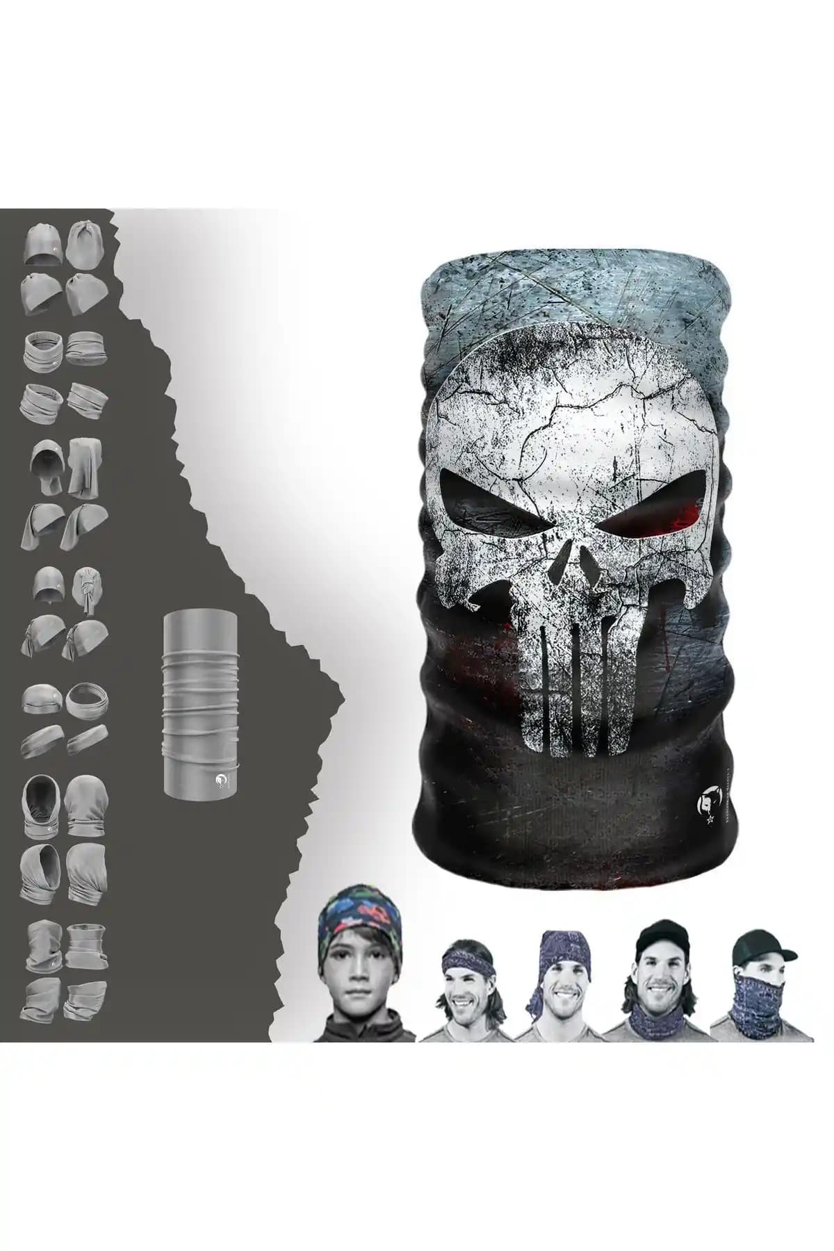 E-Taktik Gri Skull The Punisher Dikişsiz Unisex Tüp Boyunluk Bandana Şık ve Çok Yönlü Kullanım