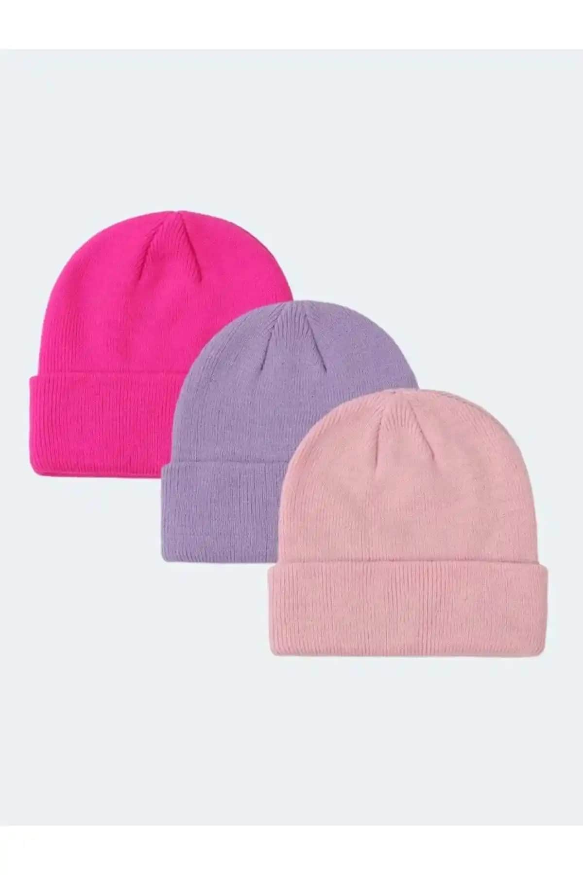 Eke Tekstil Unisex Katlamalı Bere Seti Fuşya, Lila ve Pembe Renk Seçenekleriyle