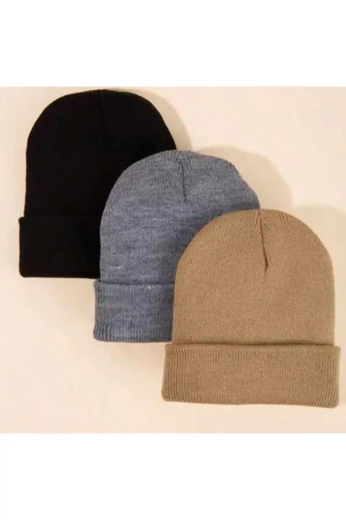 Eke Tekstil Unisex Katlamalı Bere Seti Siyah Gri ve Taş Renkli 3'lü Şık ve Dayanıklı Tasarım