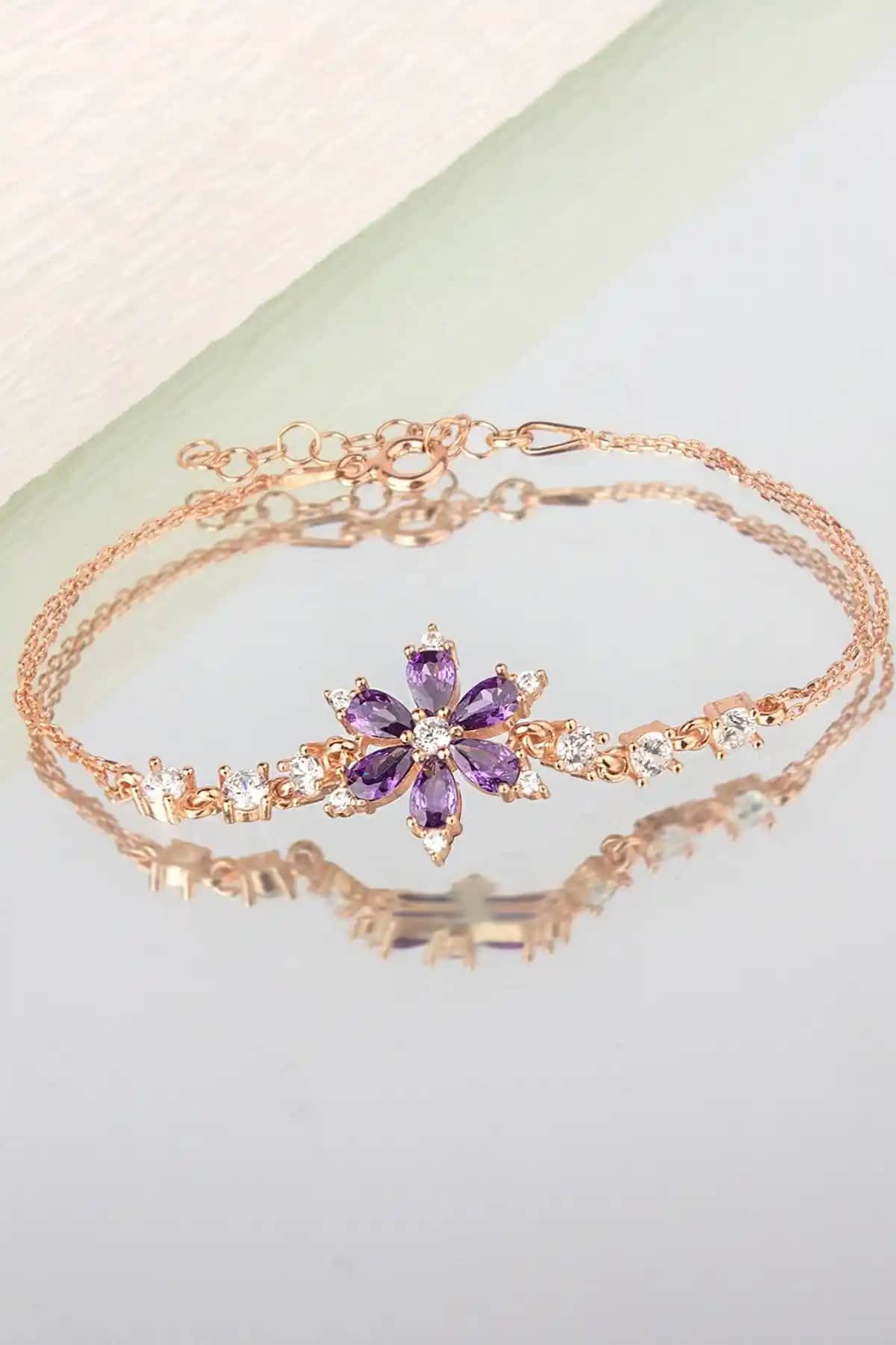 Else Silver 925 Ayar Gümüş Mor Nergis Çiçeği Bileklik Zarif ve Dayanıklı Tasarım