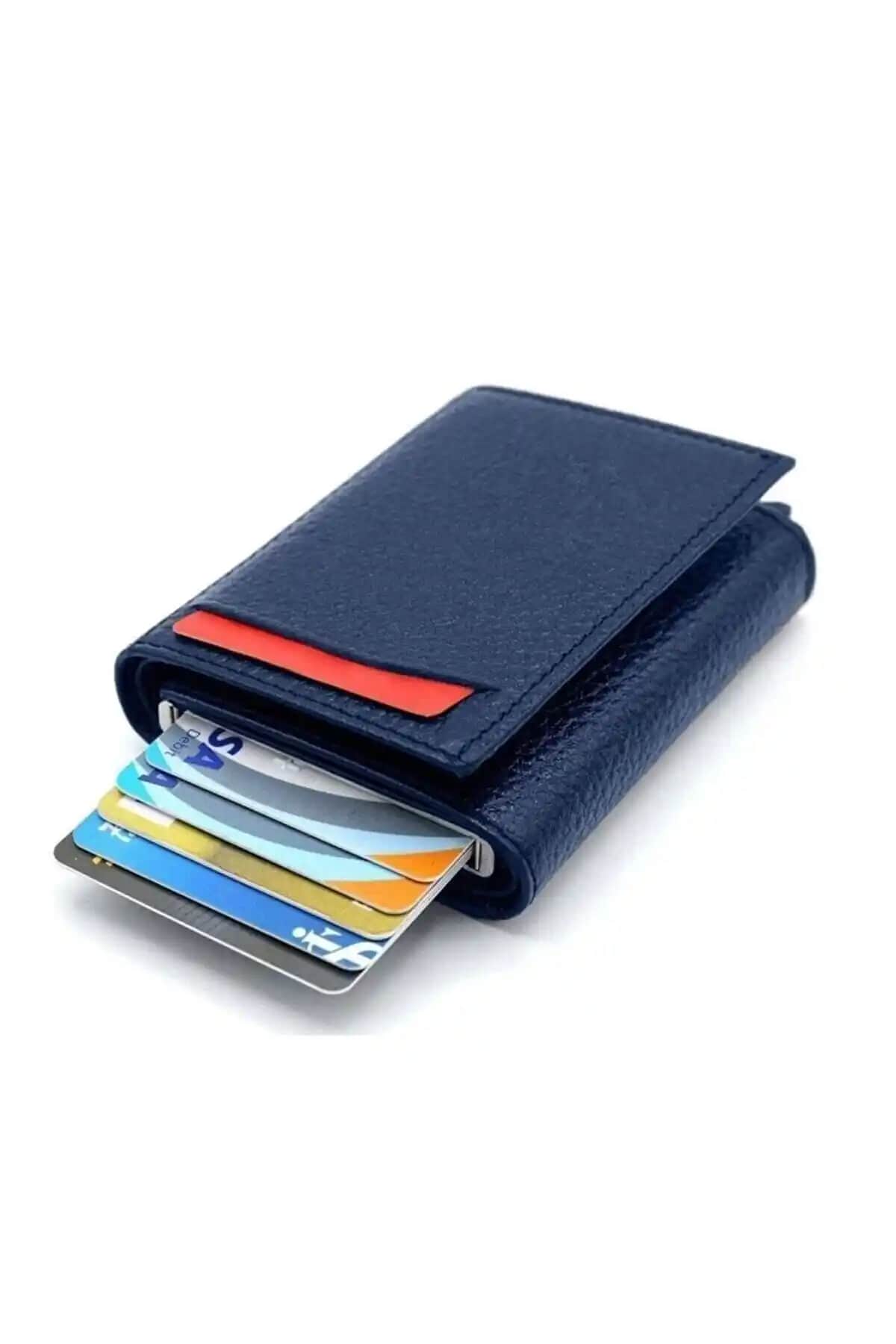 Erkek Lacivert ve Kahverengi Suni Deri Kartlık Cüzdan Portföyü Günlük Kullanım İçin