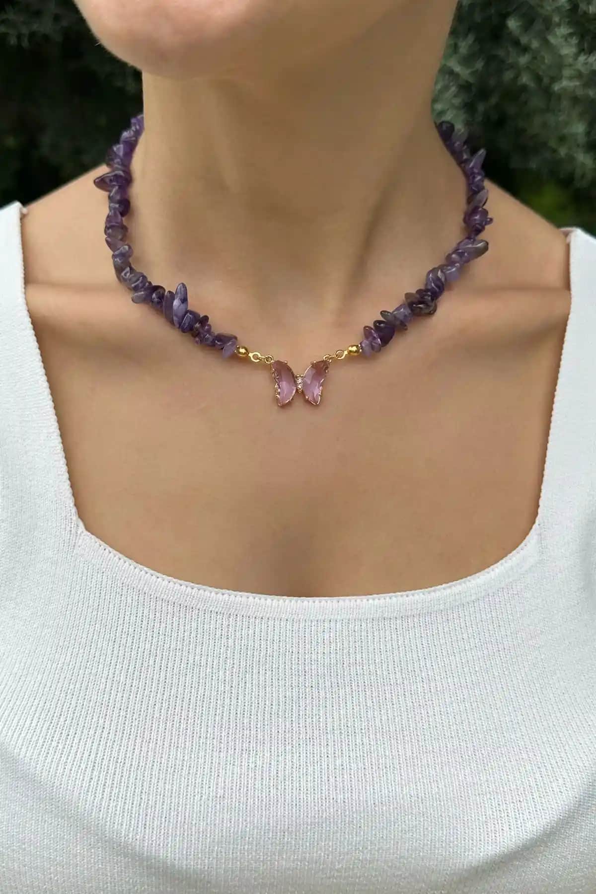 EST Aksesuar Ametist Doğal Taş Cam Kelebek Kolye: Enerji ve Şıklık Bir Arada