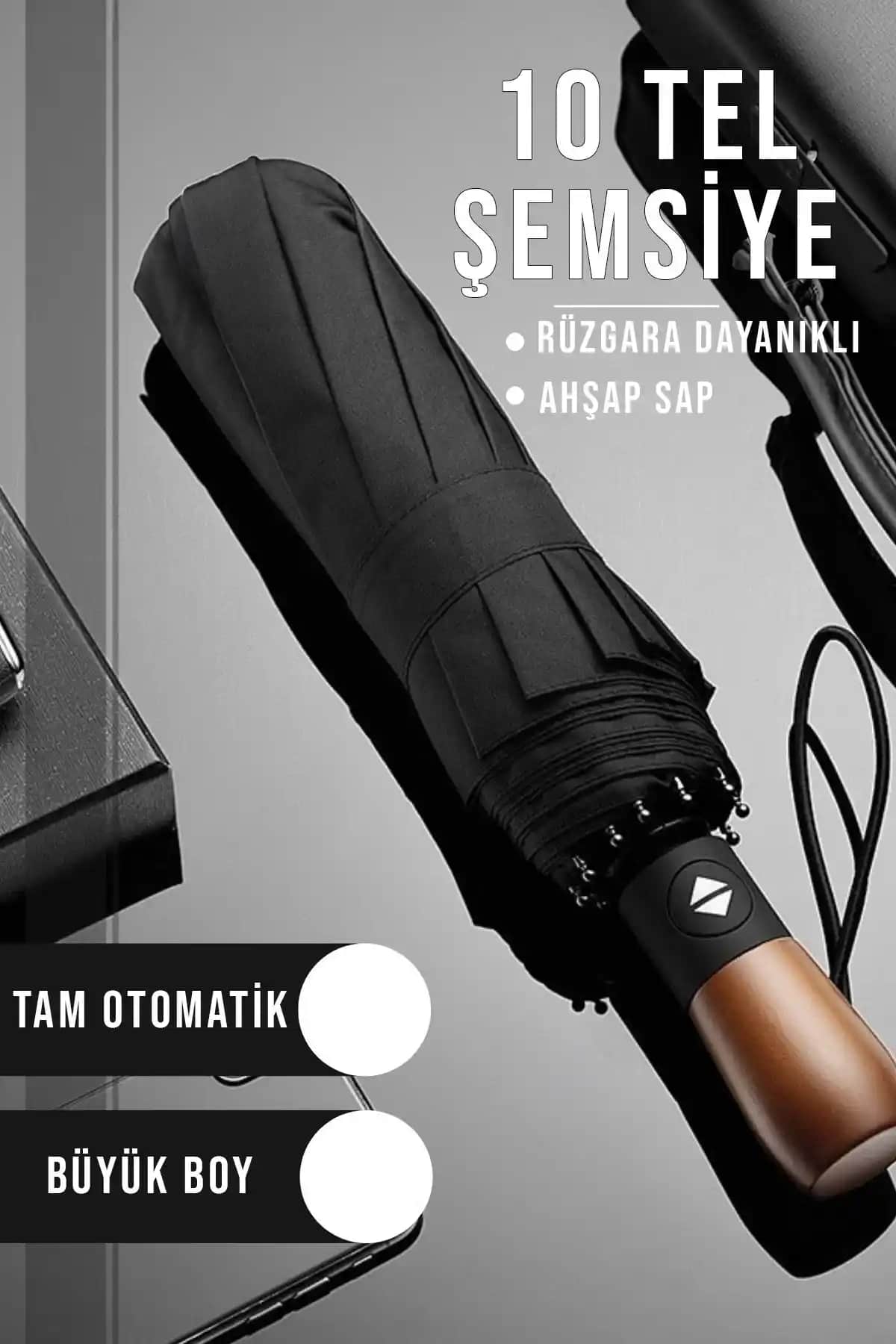 Fitfiyat Tam Otomatik Ahşap Sap 10 Telli Dayanıklı Rüzgar Dirençli Şemsiye