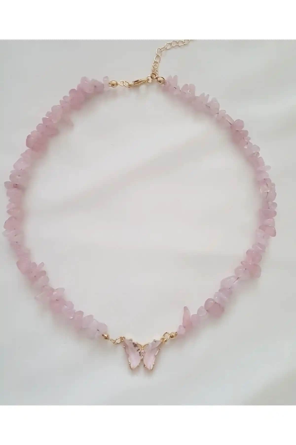 Genel Markalar Cam Kelebekli Pembe Kuvars Doğal Kırık Taş Kolye: Zarif ve Enerji Dolu Takı Seçeneği