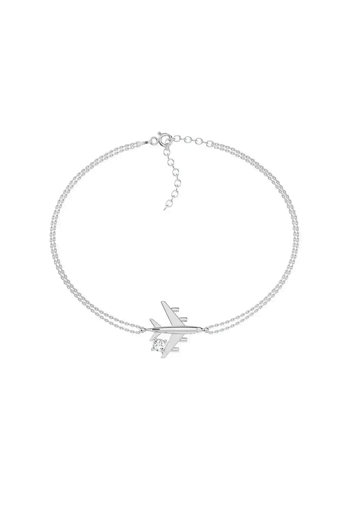 Indigo Takı Kadın Gümüş Tek Taşlı Uçak Figürlü Bileklik Modern ve Zarif Tasarım