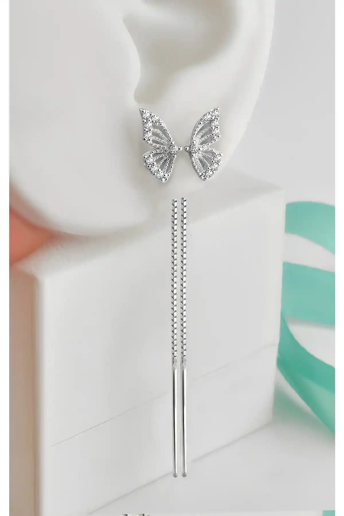 Jelux Silver Gümüş 925 Ayar Rodyum Kaplamalı Kelebek Model Zirkon Taşlı Zincirli Küpe
