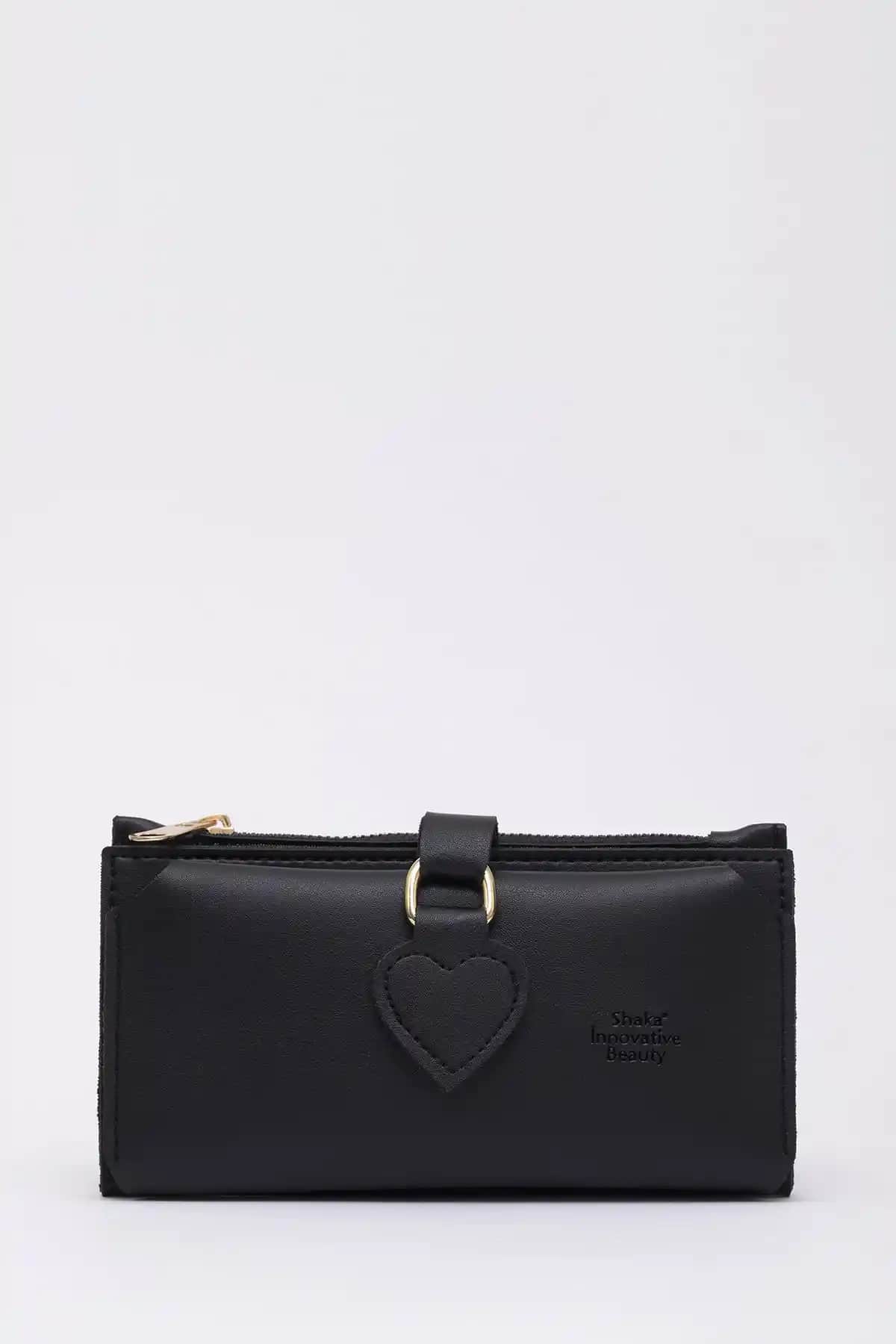 Kadınlar İçin Şık ve Fonksiyonel Siyah Suni Derili Kalpli Cüzdan SHK65
