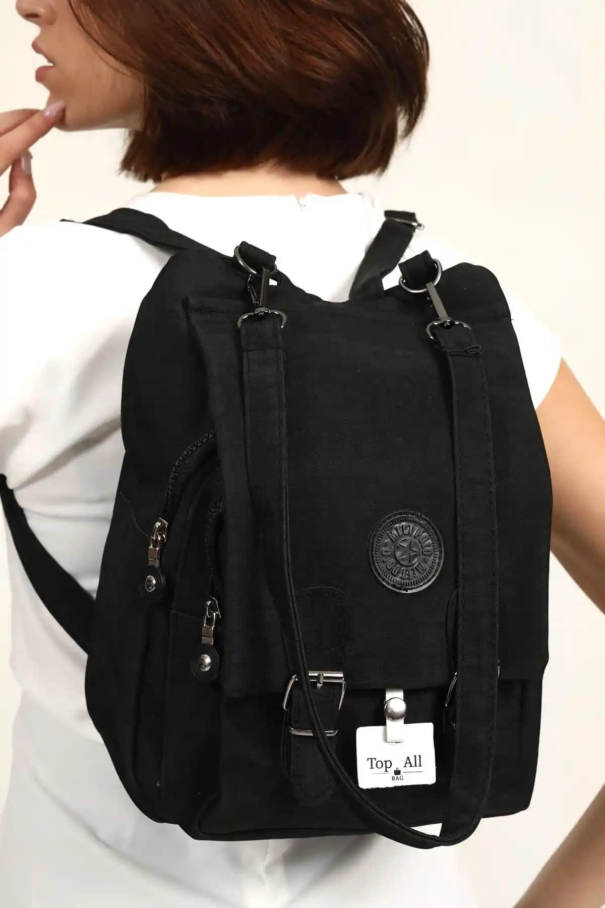 Kadınlar İçin Siyah Krinkıl Kumaş Okul Sırt ve Omuz Çantası Günlük Kullanım İçin Uygun