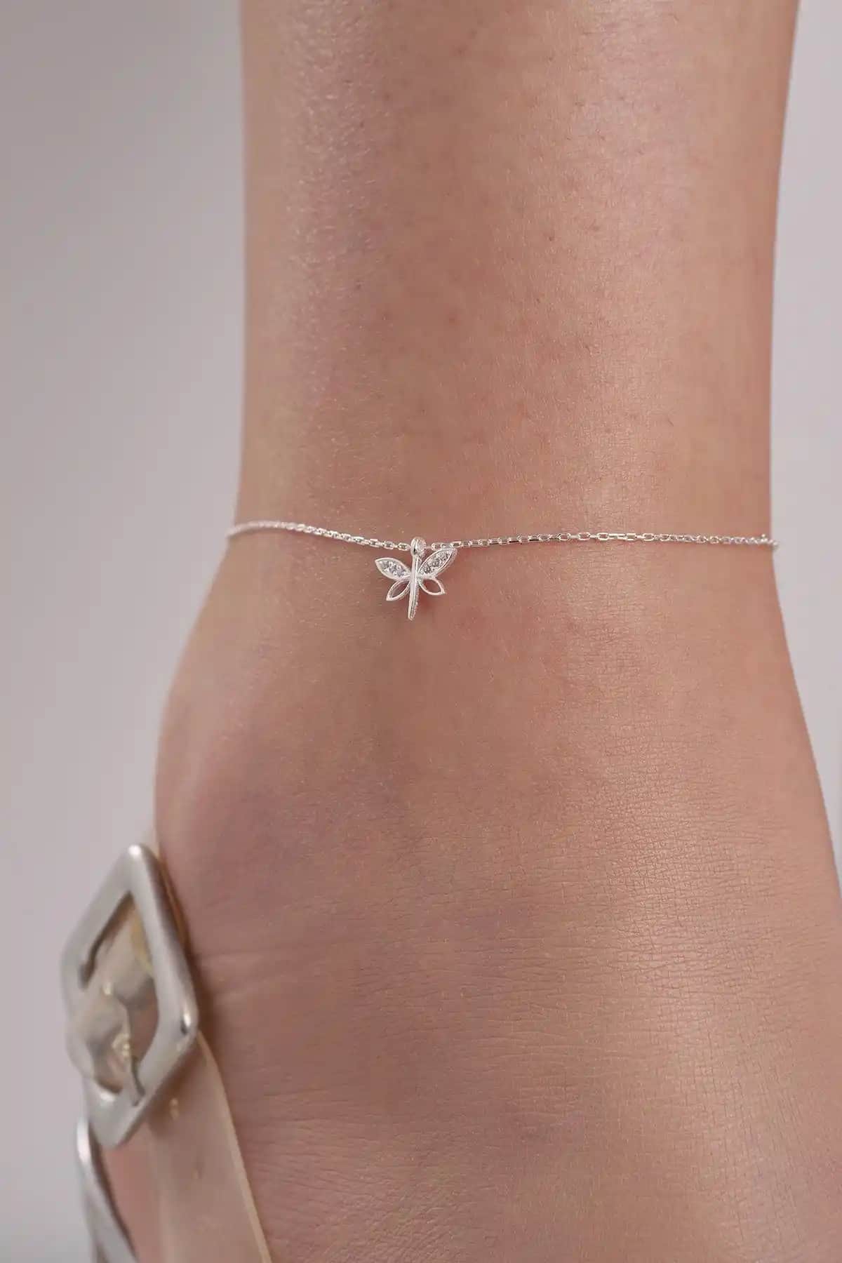 Kadınlar İçin Zarif 925 Ayar Gümüş Zincirli Zirkon Taşlı Minimal Yusufçuk Halhal