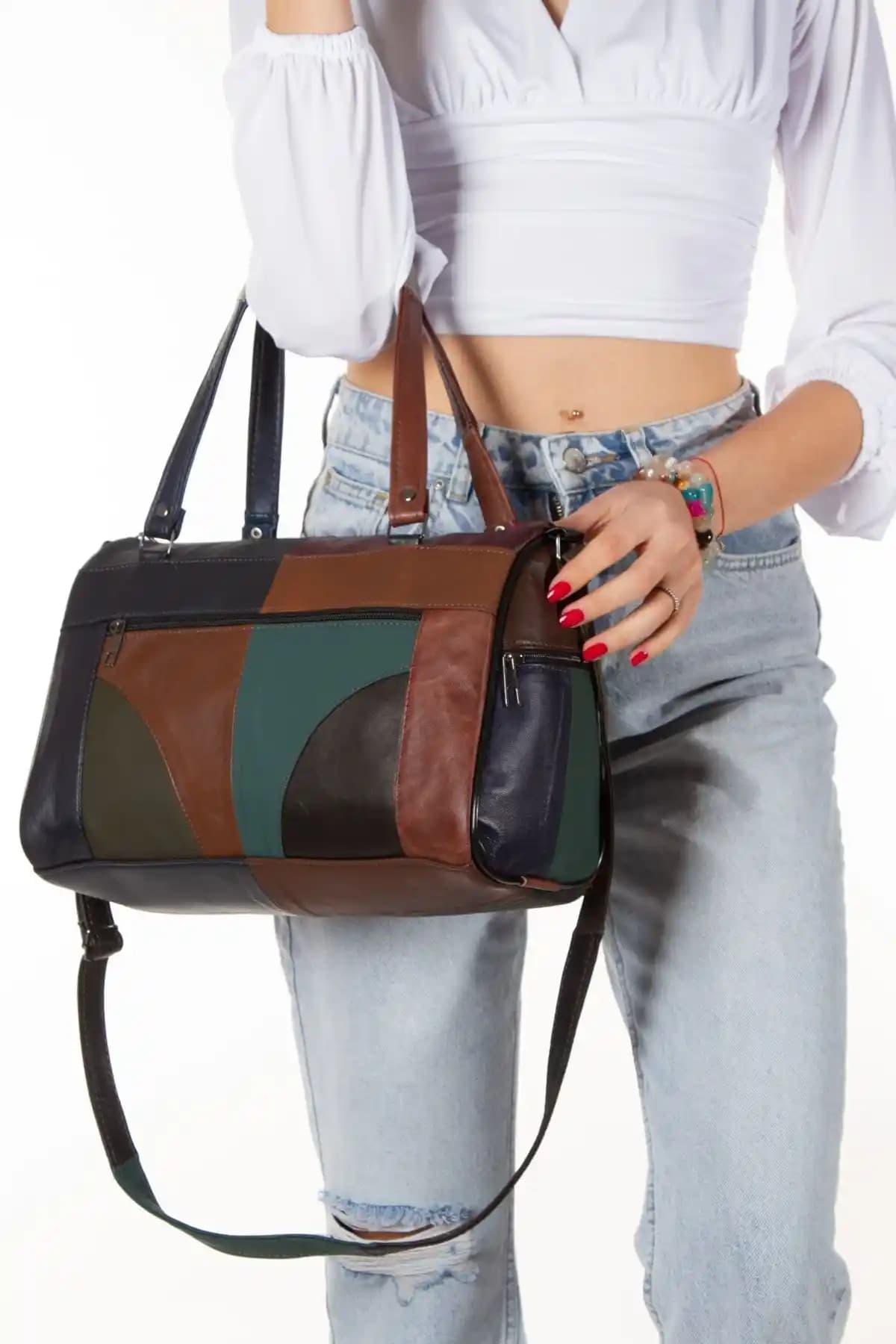 Kindfox Hakiki Deri Çok Bölmeli Kadın El ve Omuz Çantası Günlük ve Şık Kullanım İçin