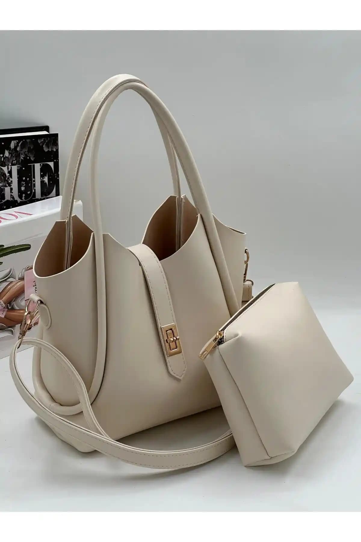 Lilienbag Demir Toka Kemerli Çift Askılı Suni Deri Kadın Makyaj ve El Omuz Çantası